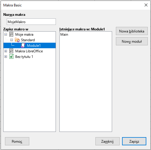 Ilustracja przedstawia okno o nazwie: Makra Basic. W nazwie makra wpisano: MojeMakro. W zapisz makro w: zaznaczono Module1. W obszarze Istniejących makr w Module1 wpisano Main. Zastosowano przycisk Zapisz.  