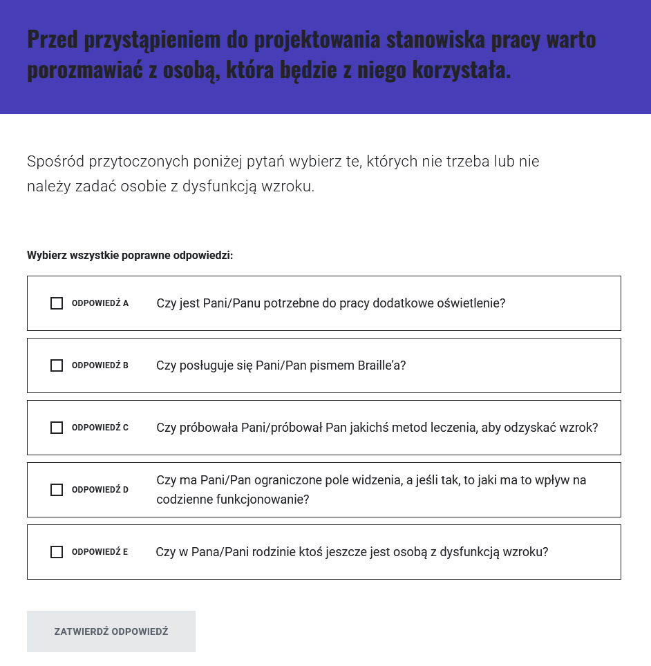 Ilustracja przedstawia widok przykładowego ćwiczenia w grze. Na górze znajduje się wstęp do pytania. Poniżej polecenie. Niżej widoczne są odpowiedzi do wyboru. Na samym dole znajduje się przycisk: Zatwierdź odpowiedź.