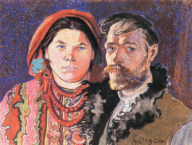 Ilustracja przedstawia portret dwojga ludzi w sile wieku. Postaci są przedstawione od piersi w górę. Kobieta jest umieszczona po lewej stronie. Odwrócona jest przodem do nas. Ma okrągłą twarz. Jej czoło jest gładkie, brwi są ciemne, tworzą je dwie łamane linie. Oczy są przysłonięte przez opadające powieki. Kobieta ma szeroki nos z okrągłym czubkiem. Usta są wydatne. Głowa kobiety przykryta jest chustką. Wystają spod niej włosy z przedziałkiem pośrodku głowy. Kobieta jest ubrana we wzorzystą koszulę. Na szyi wiszą korale składające się z trzech sznurków. Po prawej stronie stoi mężczyzna. Postać ukazuje lewy półprofil. Twarz mężczyzny jest owalna. Mężczyzna ma krótkie włosy z długą grzywką zaczesaną na prawą stronę. Jego oczy są wąskie. Patrzy na nas. Pisarz lekko marszczy ciemne brwi. Jego nos jest wydatny. Twarz zdobi gęsty zarost. Mężczyzna jest ubrany w koszulę i kamizelkę obszytą futrem.