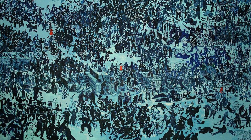Obraz prezentuje ogromną ilość ludzi. Każdy kąt obrazu zajmują ludzie, a właściwie w większości ich czarne odpowiedniki w kształcie ludzkich ciał. Elementem, który znacznie wyróżnia się w toczącym walkę tłumie są trzy postacie w czerwonych sukienkach. Są one rozłożone w trzech punktach od lewego górnego kąta do prawego dolnego, po skosie obrazu. Na obrazie znajdują się pojedyncze postacie, u których twarze się wyróżniają, artysta zastosował na nich powiększenie. 