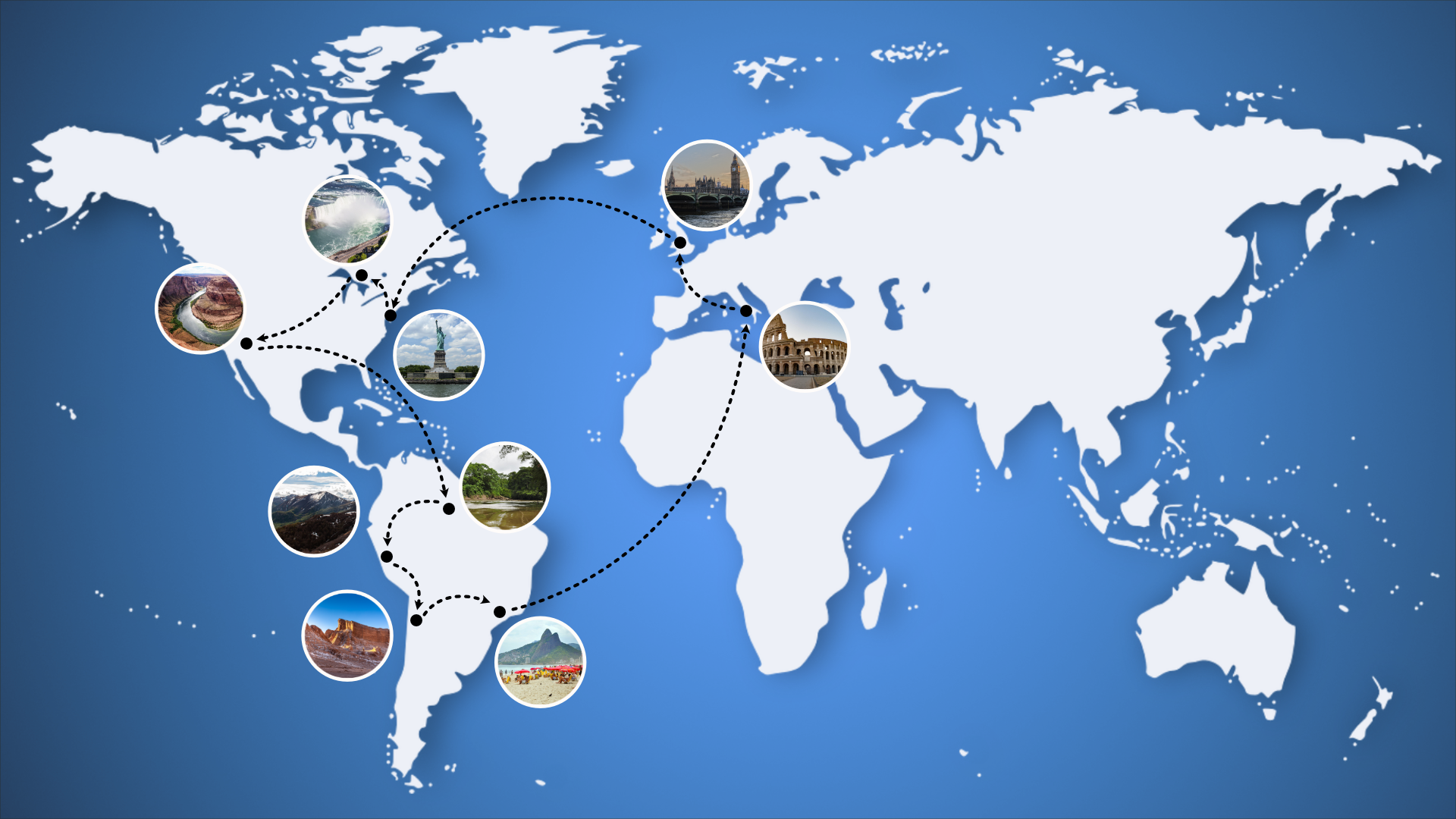 Grafika przedstawia mapę świata. Na mapie zaznaczona jest trasa podróży Fabio
 i Luki. Zaznaczone punktami są również miejsca które odwiedzą. Obok tych miejsc widoczne są małe okrągłe zdjęcia, które przedstawiają między innymi: Koloseum w Rzymie, Statuę Wolności w Nowym Jorku.
