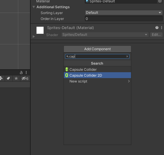 Ilustracja przedstawia okno o nazwie Add Component. Tam podświetlono Capsule Collider 2D.   