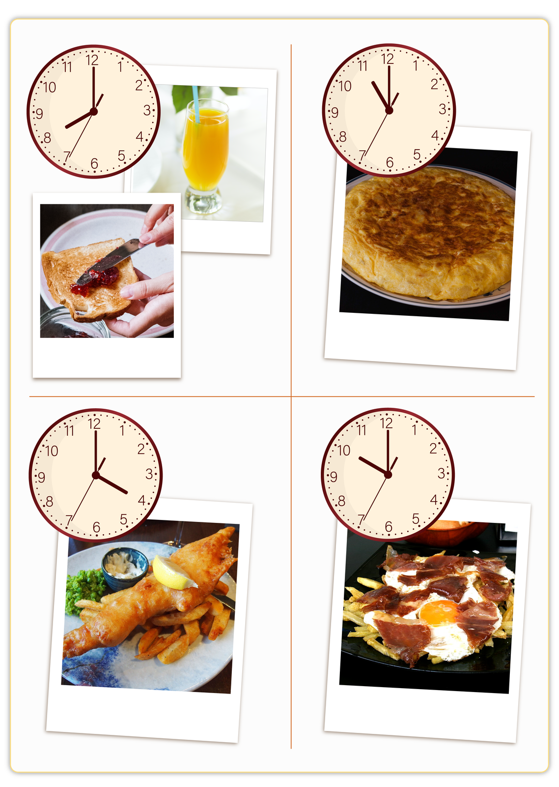 Ilustracja podzielona jest na cztery części. W każdej z nich znajduje się grafika zegarka wskazującego jakąś godzinę oraz zdjęcia posiłków. W pierwszej części zegarek pokazuje godzinę ósmą. Obok znajdują się zdjęcia soku pomarańczowego i tosta, na którym ktoś rozsmarowuje dżem. W drugiej części zegarek wskazuje jedenastą a na zdjęciu jest tortilla ziemniaczana. W kolejnej części zegarek wskazuje czwartą a na zdjęciu widoczne jest danie składające się z frytek i ryby w panierce. W ostatniej części zegarek wskazuje godzinę dziesiątą a na zdjęciu znajduje się talerz z frytkami, jajkami sadzonymi oraz wędliną.