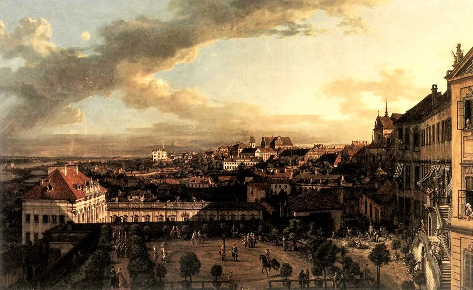 Ilustracja przedstawia obraz Bernardo Belotto zwany Canaletto, czytaj: kanaletto, pt: "Widok Warszawy z Placu Królewskiego". Przedstawia on panoramę miasta. Pierwszy plan ukazuje taras, na którym rosną drzewa oraz widać wiele osób. Tuż za tarasem  jest pałac, którego dach jest czerwony a cały piętrowy budynek z wieloma oknami, w kolorze białym.  W głębi rozciąga się panorama Warszawy.