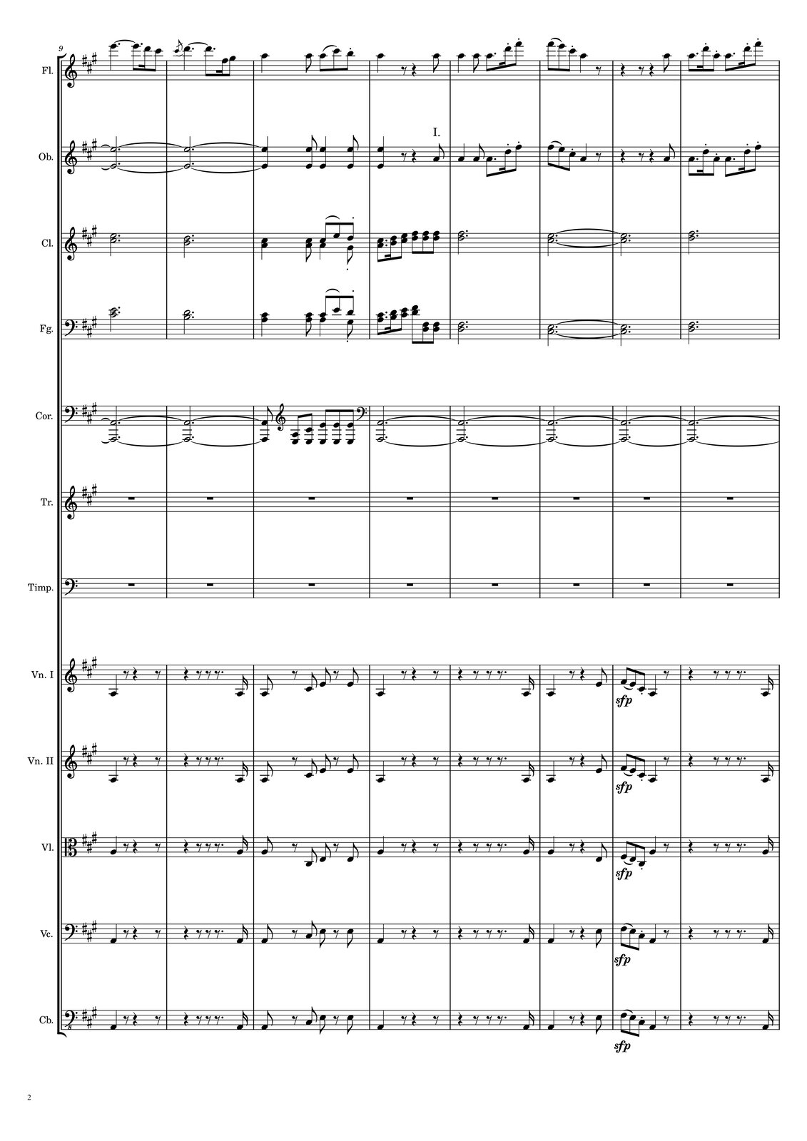 Ilustracja przedstawia drugą część partytury Sonaty A‑dur nr 4 Op. 92: W dziewiątym takcie flety grają na pierwszą miarę ćwierćnutę z kropką e, przedłużoną o ósemkę z kropką, a następnie szesnastkę d oraz ósemkę cis. W takcie dziesiątym na początku zapisana jest przednutka cis, a dalej ćwierćnuta z kropką d, przedłużona o ósemkę z kropką; następnie wykonywana jest szesnastka fis oraz ósemka gis. W takcie jedenastym na pierwszą miarę grana jest ćwierćnuta a; następnie zapisano ósemki: a, a oraz cis jako jedną frazę oraz ósemkę h z artykulacją staccato [czytaj: stakkato]. W dwunastym takcie na pierwszą miarę zapisano ćwierćnutę a, później pauzę ósemkową i pauzę ćwierćnutową, a na koniec taktu ósemkę a. W takcie trzynastym na pierwszą miarę grana jest ćwierćnuta a, później ósemka a oraz ósemka z kropką a, a następnie szesnastka d z artykulacją staccato [czytaj: stakkato] oraz ósemka fis z artykulacją staccato [czytaj: stakkato]. W takcie czternastym flety rozpoczynają od ósemki fis, która wraz z ósemką e tworzy frazę, a dalej grają ósemkę cis z artykulacją staccato [czytaj: stakkato] oraz ćwierćnutę a; na sam koniec taktu zaznaczono pauzę ósemkową. W piętnastym takcie zapisano pauzę ćwierćnutową, następnie ósemkową i raz jeszcze ćwierćnutową, a na koniec taktu ósemkę a. W takcie szesnastym na pierwszą miarę grana jest ósemka z kropką a, następnie szesnastka d z artykulacją staccato [czytaj: stakkato], ósemka a z artykulacją staccato [czytaj: stakkato], a na czwartą miarę ósemka z kropką a, następnie szesnastka d z artykulacją staccato [czytaj: stakkato] i ósemka fis z artykulacją staccato [czytaj: stakkato]. W partii obojów w taktach dziewiątym oraz dziesiątym zapisano przedłużoną z taktu piątego oktawę e. Jest przedłużona jeszcze o ćwierćnutę na pierwszą miarę taktu jedenastego, a dalej ta sama oktawa grana jest jeszcze jako ósemka, ćwierćnuta i ponownie ósemka. W takcie dwunastym na pierwszą miarę jeszcze raz grana jest oktawa e, tym razem jako ćwierćnuta; po niej zapisano pauzę ósemkową oraz pauzę ćwierćnutową, a dalej ósemkę a. W takcie trzynastym na pierwszą miarę grana jest ćwierćnuta a, dalej ósemka a i ósemka z kropką a, następnie szesnastka d z artykulacją staccato [czytaj: stakkato] oraz ósemka fis. W czternastym takcie na pierwszą miarę zapisano ósemkę fis, która jest grana jako fraza z ósemką e, a następnie ósemkę cis z artykulacją staccato [czytaj: stakkato] oraz ćwierćnutę a, po której zaznaczono pauzę ósemkową. W piętnastym takcie zapisano pauzę ćwierćnutową, następnie ósemkową i raz jeszcze ćwierćnutową, a na koniec taktu ósemkę a. W takcie szesnastym na pierwszą miarę grana jest ósemka z kropką a, następnie szesnastka d z artykulacją staccato [czytaj: stakkato], ósemka a z artykulacją staccato [czytaj: stakkato], a na czwartą miarę ósemka z kropką a, następnie szesnastka d z artykulacją staccato [czytaj: stakkato] i ósemka fis z artykulacją staccato [czytaj: stakkato]. Klarnety w dziewiątym takcie grają półnutę z kropką; są to dźwięki cis oraz e. W takcie dziesiątym ponownie grana jest półnuta z kropką, tym razem h oraz d. Na pierwszą miarę w takcie jedenastym zapisano ćwierćnutę z dźwiękami a oraz c, następnie ósemkę z tymi samymi dźwiękami, a na czwartą miarę w górnym głosie grana jest ósemka cis jako jedna fraza wraz z ósemką e, a w dolnym głosie ćwierćnuta a. Na szóstą miarę klarnety grają ósemkę z dźwiękami gis oraz d z artykulacją staccato [czytaj: stakkato]. W takcie dwunastym na pierwszą miarę grana jest ósemka z kropką z dźwiękami a oraz cis, dalej szesnastka z dźwiękami h oraz d i ósemka z dźwiękami cis oraz e. W miarach od czwartej do szóstej zapisano trzy takie same ósemki z dźwiękami d oraz fis. W trzynastym takcie klarnety grają półnutę z kropką z dźwiękami d oraz fis. W czternastym takcie klarnety grają półnutę kropką z dźwiękami cis oraz e, przedłużoną do taktu piętnastego o kolejną półnutę z kropką. W szesnastym takcie klarnety grają półnutę z kropką z dźwiękami d oraz fis. W dziewiątym takcie fagoty grają półnutę z kropką, złożoną z dźwięków cis oraz e. W takcie dziesiątym ponownie grana jest półnuta z kropką, tym razem h oraz d. Na pierwszą miarę w takcie jedenastym zapisano ćwierćnutę z dźwiękami a oraz c, następnie ósemkę z tymi samymi dźwiękami, a na czwartą miarę w górnym głosie grana jest ósemka cis jako jedna fraza wraz z ósemką e, a w dolnym głosie ćwierćnuta a. Na szóstą miarę klarnety grają ósemkę z dźwiękami gis oraz d z artykulacją staccato [czytaj: stakkato]. W takcie dwunastym na pierwszą miarę grana jest ósemka z kropką z dźwiękami a oraz cis, dalej szesnastka z dźwiękami h oraz d i ósemka z dźwiękami cis oraz e. W miarach od czwartej oraz piątej zapisano dwie takie same ósemki z dźwiękami d oraz fis, a na szóstą miarę ponownie ósemkę d oraz fis, ale oktawę niżej. W trzynastym takcie klarnety grają półnutę z kropką z dźwiękami d oraz fis. W czternastym takcie klarnety grają półnutę kropką z dźwiękami cis oraz e, przedłużoną do taktu piętnastego o kolejną półnutę z kropką. W szesnastym takcie klarnety grają półnutę z kropką z dźwiękami d oraz fis. W partii waltorni w taktach dziewiątym oraz dziesiątym zapisano przedłużoną z taktu piątego oktawę e. Jest przedłużona jeszcze o ósemkę na pierwszą miarę taktu jedenastego, a dalej następuje zmiana na klucz wiolinowy, w którym waltornie grają pięć ósemek: kolejno e oraz a, e oraz cis, a następnie trzy razy oktawę e. W takcie dwunastym następuje ponowna zmiana na klucz basowy. Waltornie grają półnutę z kropką a w oktawie, która jest przedłużona na kolejne takty: trzynasty, czternasty, piętnasty oraz szesnasty. W taktach od dziewiątego do szesnastego trąbki oraz kotły mają zapisane wyłącznie pauzy. W partii pierwszych skrzypiec w takcie dziewiątym na pierwszą miarę zapisano ćwierćnutę a, a następnie pauzy: ósemkową, ćwierćnutową i ponownie ósemkową. W takcie dziesiątym na początku zapisano pauzy: ćwierćnutową, dwa razy ósemkową oraz ósemkową z kropką, a następnie szesnastkę a. W jedenastym takcie na pierwszą miarę grana jest ósemka a, następnie zapisano pauzę ósemkową, a dalej grane są ósemki cis oraz e, ponownie pauza ósemkowa oraz ósemka e. W dwunastym takcie na pierwszą miarę grana jest ćwierćnuta a, a następnie zapisano pauzę ósemkową, pauzę ćwierćnutową oraz ponownie pauzę ósemkową. W trzynastym takcie zapisano pauzę ćwierćnutową, dwie pauzy ósemkowe oraz pauzę ósemkową z kropką, a na koniec taktu szesnastkę a. W czternastym takcie na pierwszą miarę grana jest ćwierćnuta a, po której zapisano pauzę ósemkową, dalej pauzę ćwierćnutową oraz ósemkę e. W takcie piętnastym na pierwszą miarę zapisano ósemkę fis, która jest spięta frazą z ósemką e, a następnie ósemkę cis z artykulacją staccato [czytaj: stakkato] oraz ćwierćnutę a; na koniec taktu zaznaczono pauzę ósemkową. Pod taktem zapisano sforzando‑piano [czytaj: sforzando‑pjano]. W szesnastym takcie zapisano pauzy: ćwierćnutową, dwa razy ósemkową oraz ósemkową z kropką, a następnie szesnastkę a. W partii drugich skrzypiec w takcie dziewiątym na pierwszą miarę zapisano ćwierćnutę a, a następnie pauzy: ósemkową, ćwierćnutową i ponownie ósemkową. W takcie dziesiątym na początku zapisano pauzy: ćwierćnutową, dwa razy ósemkową oraz ósemkową z kropką, a następnie szesnastkę a. W jedenastym takcie na pierwszą miarę grana jest ósemka a, następnie zapisano pauzę ósemkową, a dalej grane są ósemki cis oraz e, ponownie pauza ósemkowa oraz ósemka e. W dwunastym takcie na pierwszą miarę grana jest ćwierćnuta a, a następnie zapisano pauzę ósemkową, pauzę ćwierćnutową oraz ponownie pauzę ósemkową. W trzynastym takcie zapisano pauzę ćwierćnutową, dwie pauzy ósemkowe oraz pauzę ósemkową z kropką, a na koniec taktu szesnastkę a. W czternastym takcie na pierwszą miarę grana jest ćwierćnuta a, po której zapisano pauzę ósemkową, dalej pauzę ćwierćnutową oraz ósemkę e. W takcie piętnastym na pierwszą miarę zapisano ósemkę fis, która jest spięta frazą z ósemką e, a następnie ósemkę cis z artykulacją staccato [czytaj: stakkato] oraz ćwierćnutę a; na koniec taktu zaznaczono pauzę ósemkową. Pod taktem zapisano sforzando‑piano [czytaj: sforzando‑pjano]. W szesnastym takcie zapisano pauzy: ćwierćnutową, dwa razy ósemkową oraz ósemkową z kropką, a następnie szesnastkę a. W partii altówki w takcie dziewiątym na pierwszą miarę zapisano ćwierćnutę a, a następnie pauzy: ósemkową, ćwierćnutową i ponownie ósemkową. W takcie dziesiątym na początku zapisano pauzy: ćwierćnutową, dwa razy ósemkową oraz ósemkową z kropką, a następnie szesnastkę a. W jedenastym takcie na pierwszą miarę grana jest ósemka a, następnie zapisano pauzę ósemkową, a dalej grane są ósemki cis oraz e, ponownie pauza ósemkowa oraz ósemka e. W dwunastym takcie na pierwszą miarę grana jest ćwierćnuta a, a następnie zapisano pauzę ósemkową, pauzę ćwierćnutową oraz ponownie pauzę ósemkową. W trzynastym takcie zapisano pauzę ćwierćnutową, dwie pauzy ósemkowe oraz pauzę ósemkową z kropką, a na koniec taktu szesnastkę a. W czternastym takcie na pierwszą miarę grana jest ćwierćnuta a, po której zapisano pauzę ósemkową, dalej pauzę ćwierćnutową oraz ósemkę e. W takcie piętnastym na pierwszą miarę zapisano ósemkę fis, która jest spięta frazą z ósemką e, a następnie ósemkę cis z artykulacją staccato [czytaj: stakkato] oraz ćwierćnutę a; na koniec taktu zaznaczono pauzę ósemkową. Pod taktem zapisano sforzando‑piano [czytaj: sforzando‑pjano]. W szesnastym takcie zapisano pauzy: ćwierćnutową, dwa razy ósemkową oraz ósemkową z kropką, a następnie szesnastkę a. W partii wiolonczeli w takcie dziewiątym na pierwszą miarę zapisano ćwierćnutę a, a następnie pauzy: ósemkową, ćwierćnutową i ponownie ósemkową. W takcie dziesiątym na początku zapisano pauzy: ćwierćnutową, dwa razy ósemkową oraz ósemkową z kropką, a następnie szesnastkę a. W jedenastym takcie na pierwszą miarę grana jest ósemka a, następnie zapisano pauzę ósemkową, a dalej grane są ósemki cis oraz e, ponownie pauza ósemkowa oraz ósemka e. W dwunastym takcie na pierwszą miarę grana jest ćwierćnuta a, a następnie zapisano pauzę ósemkową, pauzę ćwierćnutową oraz ponownie pauzę ósemkową. W trzynastym takcie zapisano pauzę ćwierćnutową, dwie pauzy ósemkowe oraz pauzę ósemkową z kropką, a na koniec taktu szesnastkę a. W czternastym takcie na pierwszą miarę grana jest ćwierćnuta a, po której zapisano pauzę ósemkową, dalej pauzę ćwierćnutową oraz ósemkę e. W takcie piętnastym na pierwszą miarę zapisano ósemkę fis, która jest spięta frazą z ósemką e, a następnie ósemkę cis z artykulacją staccato [czytaj: stakkato] oraz ćwierćnutę a; na koniec taktu zaznaczono pauzę ósemkową. Pod taktem zapisano sforzando‑piano [czytaj: sforzando‑pjano]. W szesnastym takcie zapisano pauzy: ćwierćnutową, dwa razy ósemkową oraz ósemkową z kropką, a następnie szesnastkę a. W partii kontrabasu w takcie dziewiątym na pierwszą miarę zapisano ćwierćnutę a, a następnie pauzy: ósemkową, ćwierćnutową i ponownie ósemkową. W takcie dziesiątym na początku zapisano pauzy: ćwierćnutową, dwa razy ósemkową oraz ósemkową z kropką, a następnie szesnastkę a. W jedenastym takcie na pierwszą miarę grana jest ósemka a, następnie zapisano pauzę ósemkową, a dalej grane są ósemki cis oraz e, ponownie pauza ósemkowa oraz ósemka e. W dwunastym takcie na pierwszą miarę grana jest ćwierćnuta a, a następnie zapisano pauzę ósemkową, pauzę ćwierćnutową oraz ponownie pauzę ósemkową. W trzynastym takcie zapisano pauzę ćwierćnutową, dwie pauzy ósemkowe oraz pauzę ósemkową z kropką, a na koniec taktu szesnastkę a. W czternastym takcie na pierwszą miarę grana jest ćwierćnuta a, po której zapisano pauzę ósemkową, dalej pauzę ćwierćnutową oraz ósemkę e. W takcie piętnastym na pierwszą miarę zapisano ósemkę fis, która jest spięta frazą z ósemką e, a następnie ósemkę cis z artykulacją staccato [czytaj: stakkato] oraz ćwierćnutę a; na koniec taktu zaznaczono pauzę ósemkową. Pod taktem zapisano sforzando‑piano [czytaj: sforzando‑pjano]. W szesnastym takcie zapisano pauzy: ćwierćnutową, dwa razy ósemkową oraz ósemkową z kropką, a następnie szesnastkę a.