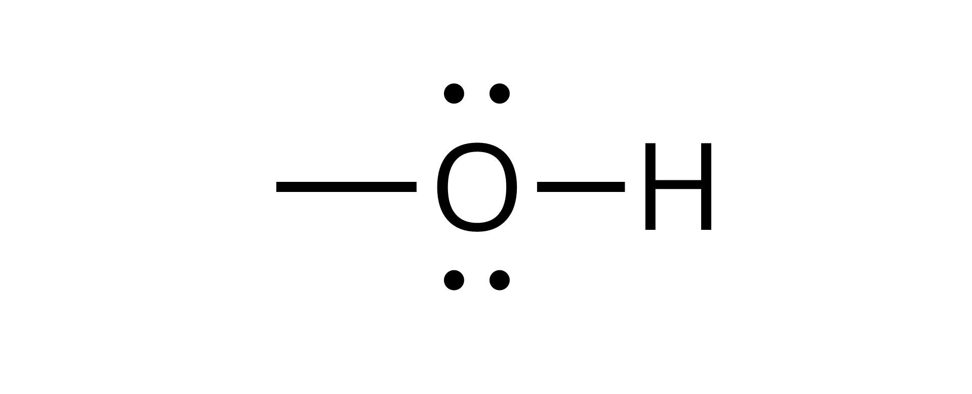 Na ilustracji przedstawiono wzór strukturalny grupy hydroksylowej. Atom tlenu tworzy dwa wiązania pojedyncze, jedno z atomem wodoru. Atom tlenu posiadają dwie wolne pary elektronowe w postaci dwóch par kropek.