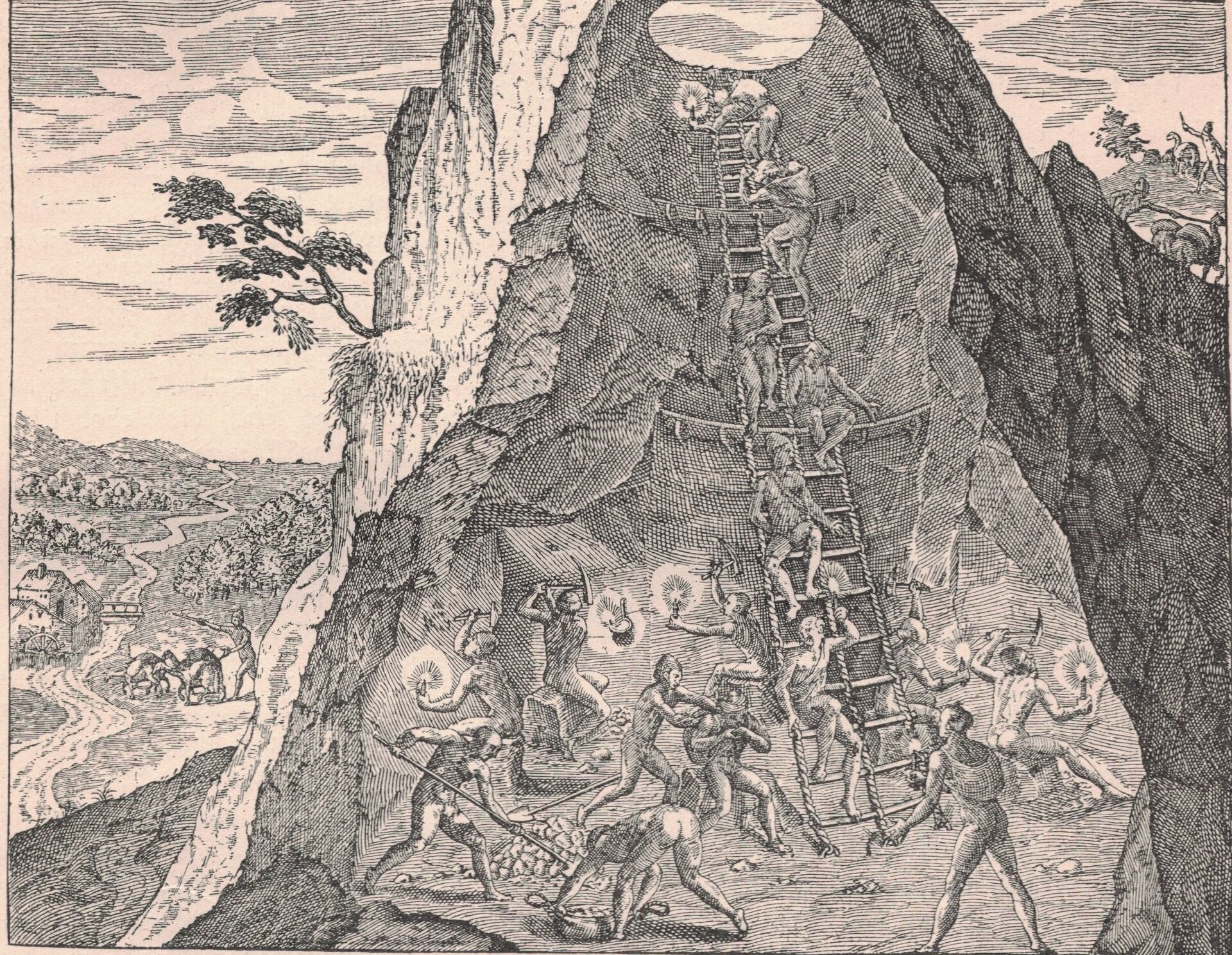 Ilustracja przedstawia grupę ludzi uderzających kilofami i dłutami w wysoką ścianę. Do ściany przymocowana jest sznurkowa drabina tak by skuwać wyższe warstwy skały. Na dole kilku mężczyzn zbiera skruszone kawałki do pojemników.