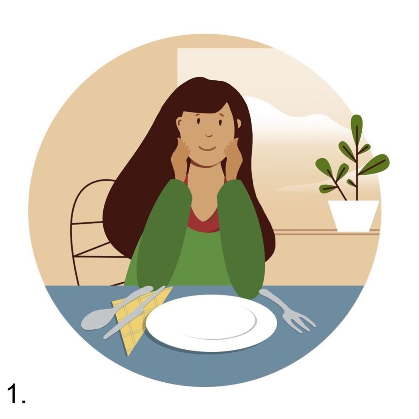 Rysunek przedstawia uśmiechniętą, młodą kobietę siedzącą przy stole. Przed kobietą stoi talerz i leżą sztućce oraz serwetka. Kobieta wspiera łokcie na stole i podpiera dłońmi twarz.