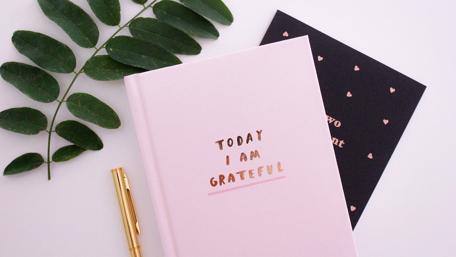Zdjęcie przedstawia różowy notes, na którym widoczny jest napis ze złotych liter w języku angielskim: TODAY I AM GRATEFUL. Na lewo, obok notesu, leży złoty długopis. Powyżej widoczna jest gałązka z zielonymi listkami. Na prawo, pod notesem, częściowo widoczna jest czarna kartka z różowymi serduszkami i fragmentem tekstu z różowych liter.