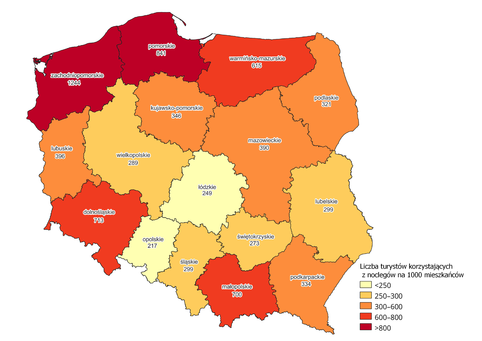 Mapa Polski, na której przedstawiono liczbę turystów, którzy skorzystali z noclegów w przeliczeniu na tysiąc mieszkańców w dwa tysiące dwudziestym roku. Województwo zachodniopomorskie 1244; pomorskie 841; warmińsko‑mazurskie 615; podlaskie 321; lubuskie 396; wielkopolskie 289; kujawsko‑pomorskie 346; mazowieckie 390; łódzkie 249; dolnośląskie 713; opolskie 217; śląskie 299; świętokrzyskie 273; lubelskie 299; małopolskie 700; podkarpackie 334.