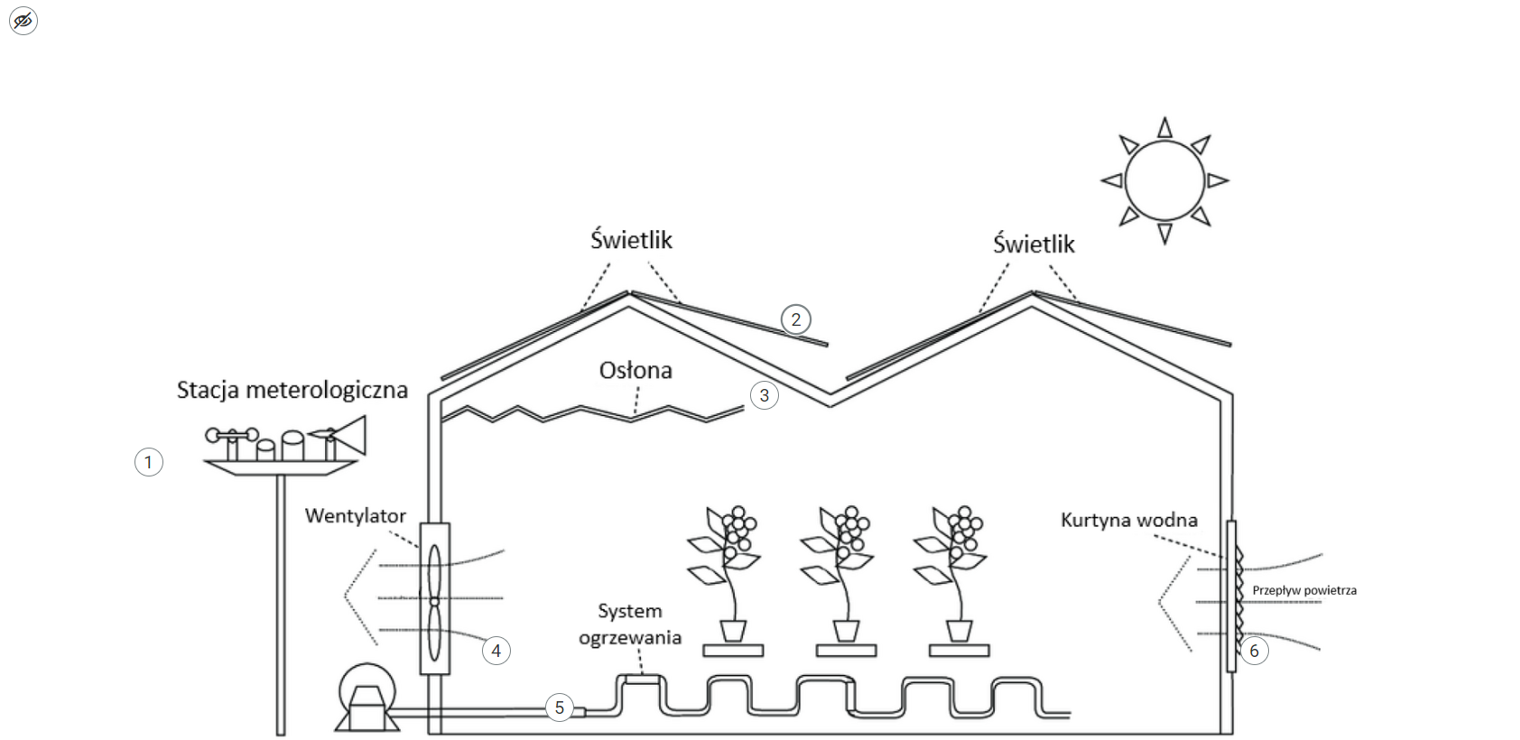 Grafika przedstawia zakładanie uprawy pod osłonami. Rysunek jest przekrojem budynku, który ma kształt litery M. Nad nim świeci schematycznie przedstawione słońce i znajdują się skośne linie z napisami: Świetlik. Z prawej strony budynku i z lewej strony znajdują się po trzy poziome kreski oraz strzałki skierowane w lewą stronę. Przy kreskach z prawej strony znajdują się napisy: Kurtyna wodna oraz Przepływ powietrza. Przy kreskach z lewej strony napis: Wentylator. W środku budynku widoczne są trzy rośliny w doniczkach. Nad nimi jest linia o kształcie zygzaka, przy której znajduje się napis: Osłona. Pod kwiatami widoczne są falujące kreski i napis: System ogrzewania. Z lewej strony budynku znajduje się stacja meteorologiczna. Ma ona kształt trapezu stojącego na kołku. Na górze trapezu można dostrzec kółka, walce i trójkąty symbolizujące narzędzia pomiarowe.