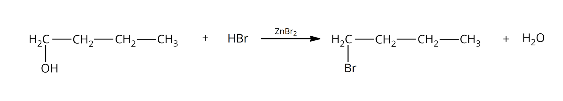 Ilustracja przedstawia równanie: <math aria‑label="H O — C H indeks dolny, dwa, koniec indeksu dolnego, — C H indeks dolny, dwa, koniec indeksu dolnego, — C H indeks dolny, dwa, koniec indeksu dolnego, — C H indeks dolny, trzy, koniec indeksu dolnego, plus, H B r zet en B r indeks dolny, dwa, koniec indeksu dolnego, / temperatura powyżej, strzałka w prawo, B r — C H indeks dolny, dwa, koniec indeksu dolnego, — C H indeks dolny, dwa, koniec indeksu dolnego, — C H indeks dolny, dwa, koniec indeksu dolnego, — C H indeks dolny, trzy, koniec indeksu dolnego, plus, H indeks dolny, dwa, koniec indeksu dolnego, O">HO—CH2—CH2—CH2—CH3+HBr→ZnBr2/temperaturaBr—CH2—CH2—CH2—CH3+H2O.