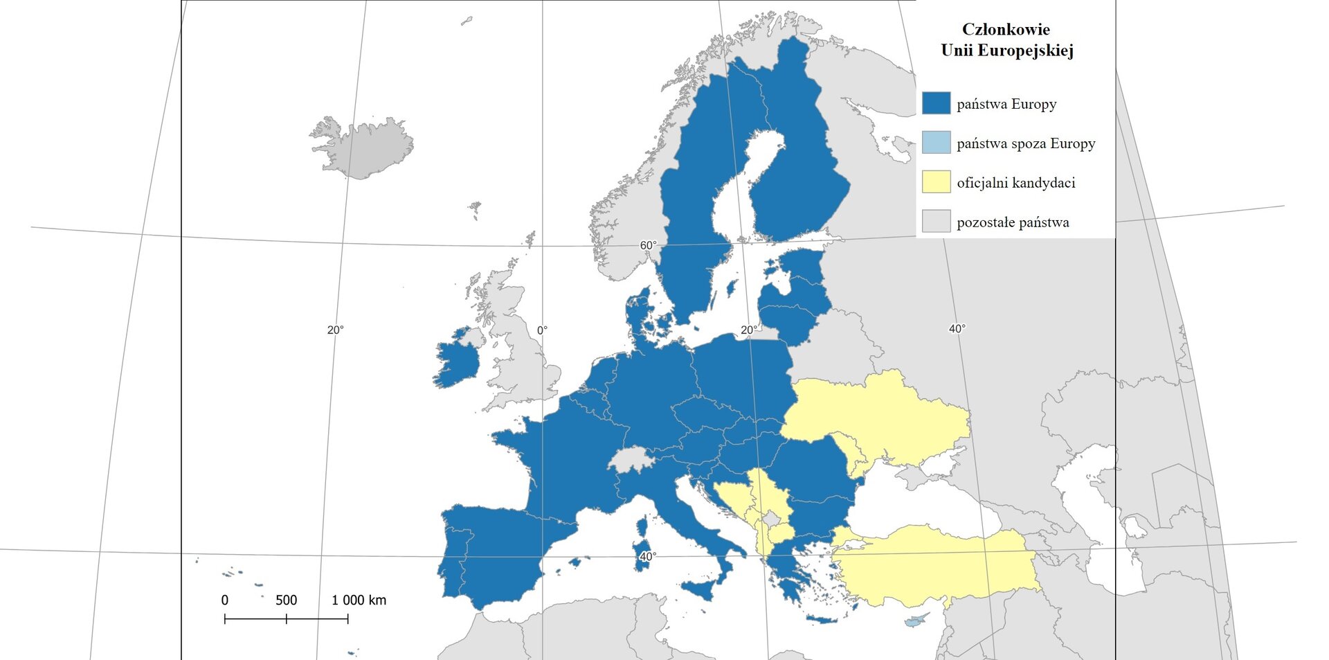 Mapa polityczna Europy przestawiająca kraje członkowskie Unii Europejskiej. W prawym górnym rogu legenda z objaśnieniem użytych barw. Kolorem niebieskim oznaczono członkowskie państwa Europy, kolorem błękitnym oznaczono członkowskie państwa spoza Europy, żółtym oficjalnych kandydatów do Unii, a szarym kolorem pozostałe państwa. Oznaczone państwa członkowskie z Europy to: Austria, Belgia, Bułgaria, Chorwacja, Czechy, Dania, Estonia, Finlandia, Francja, Grecja, Hiszpania, Holandia, Irlandia, Litwa, Luksemburg, Łotwa, Malta, Niemcy, Polska, Portugalia, Rumunia, Słowacja, Słowenia, Szwecja, Węgry, Włochy. Państwo członkowskie spoza Europy to Cypr. Oficjalni kandydaci to: Turcja, Serbia, Czarnogóra, Albania, Ukraina, Mołdawia, Bośnia i Hercegowina i Macedonia. Pozostałe kraje na mapie oznaczono kolorem szarym.