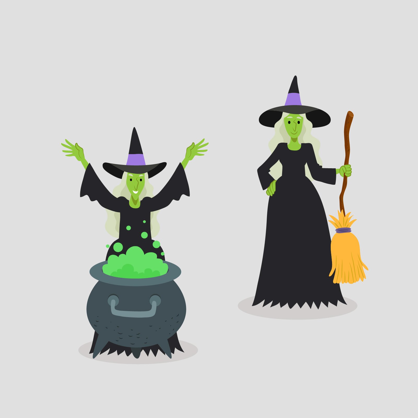 Ilustracja przedstawia dwie czarownice. Jedna trzyma miotłę a druga stoi nad garnkiem z parującą substancją. 