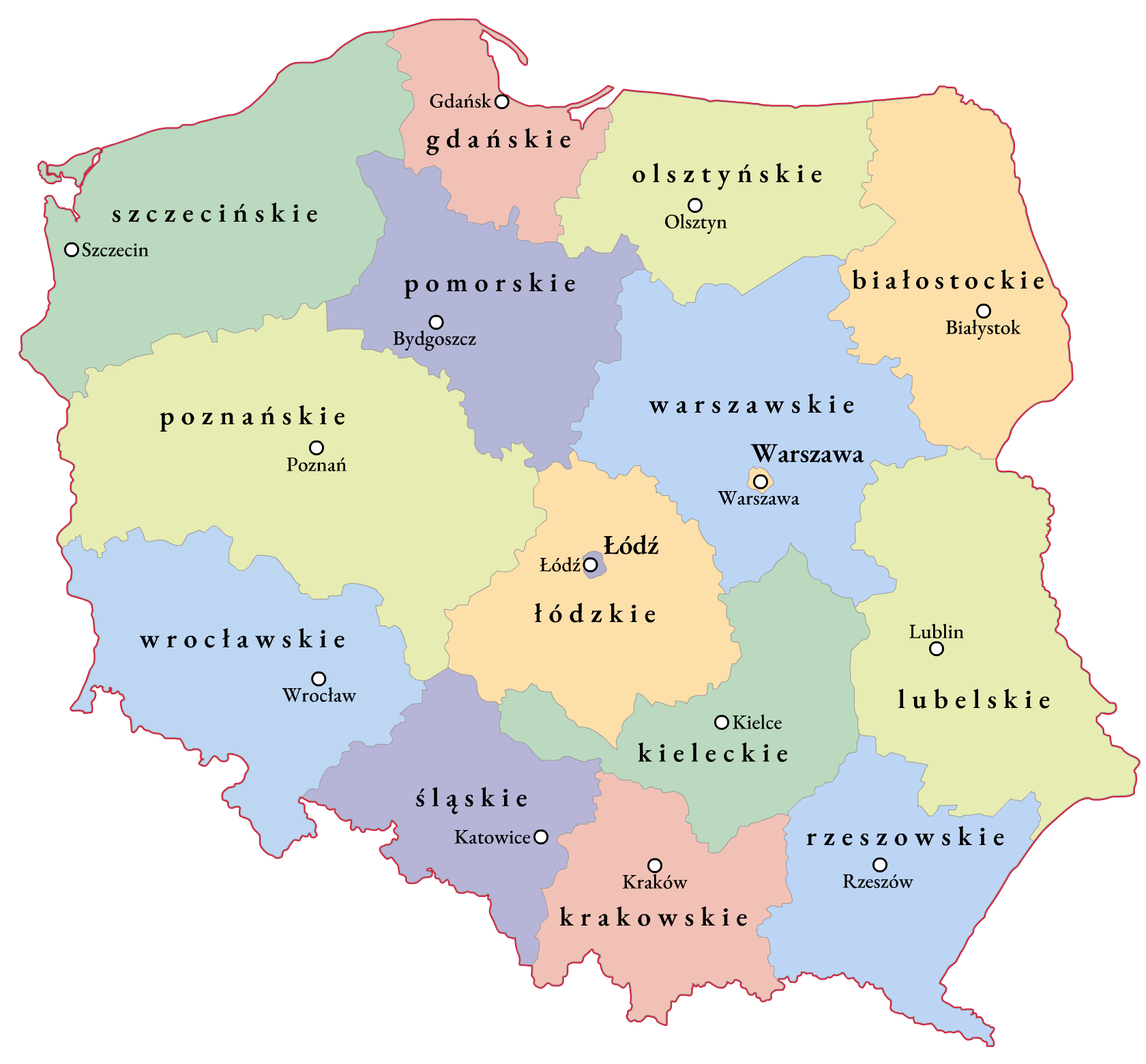 Kliknij aby powiększyć Ilustracja przedstawia mapę administracyjną Polski z podziałem na województwa: białostockie, gdańskie, kieleckie, krakowskie, lubelskie, łódzkie, Łódź miasto, olsztyńskie, pomorskie, poznańskie, rzeszowskie, szczecińskie, śląskie, Warszawa miasto, warszawskie, wrocławskie.