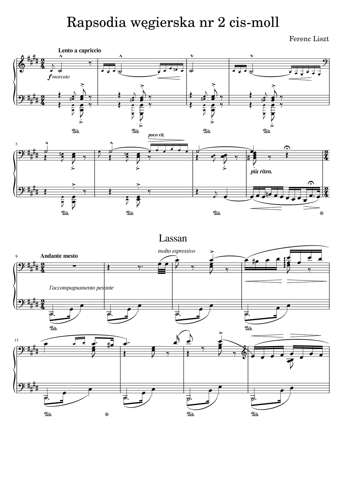 Ferenc Liszt, Partytura do utworu „Rapsodia węgierska nr 2” cis‑moll, takty 1 - 16