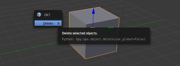 Ilustracja przedstawiająca potwierdzanie usunięcia obiektu 3D w programie Blender. Napis na ekranie brzmi: Delete selected objects. OK? Delete. 