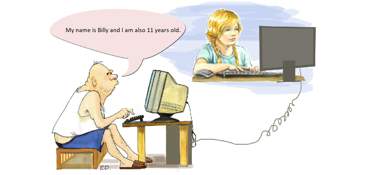 Ilustracja przedstawia dziewczynkę przy komputerze oraz starszego mężczyznę, który udaje nastolatka w internecie. Widoczny jest również napis: My name is Billy and I am also 11 years old.