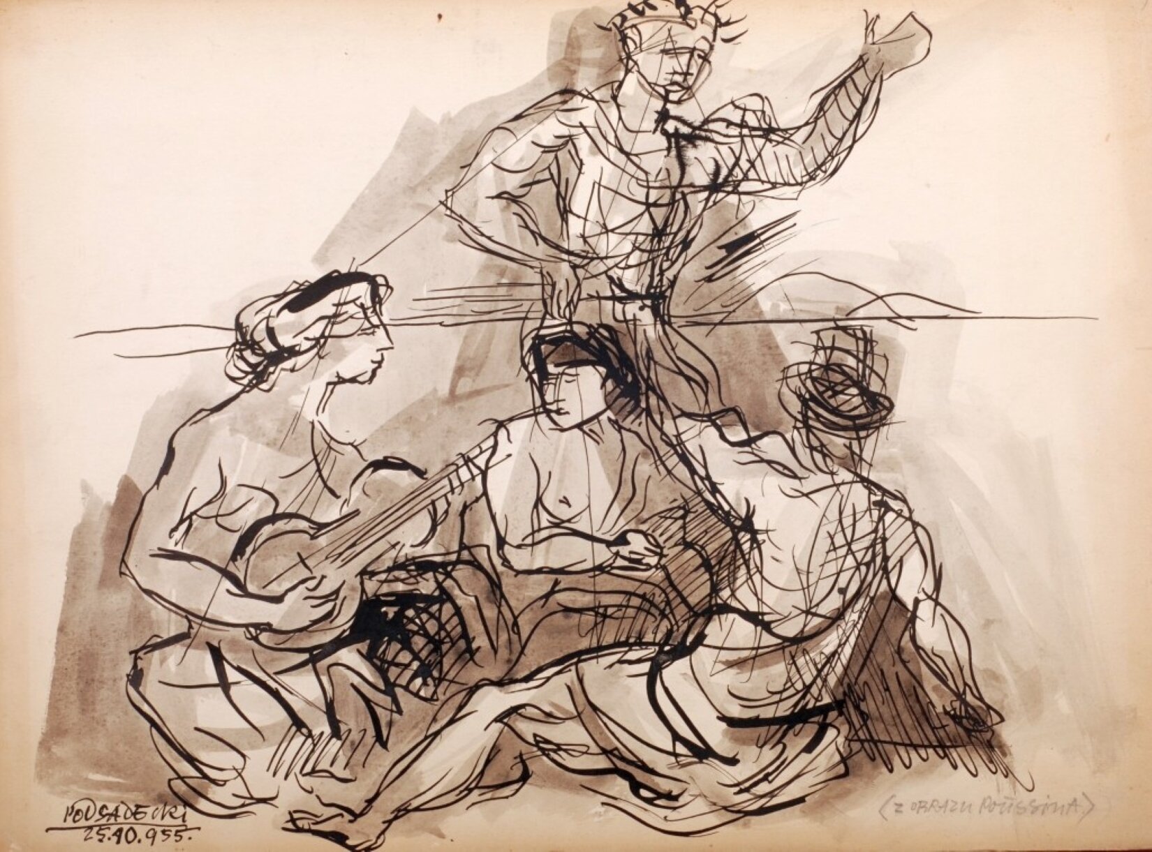 Praca Kazimierza Podsadeckiego pod tytułem „Z obrazuPoussina”. Rysunek prezentuje grupę osób odpoczywających w bliżej nieokreślonym miejscu. Spośród osób możemy wyróżnić: siedzącą kobietę grającą na gitarze, osobę siedzącą obok muzykantki, mężczyznę w kapeluszu siedzącego tyłem oraz tańczącą kobietę (jako jedyna stoi, jedną rękę ma uniesioną nad głowę, a drugą trzyma na biodrach). 