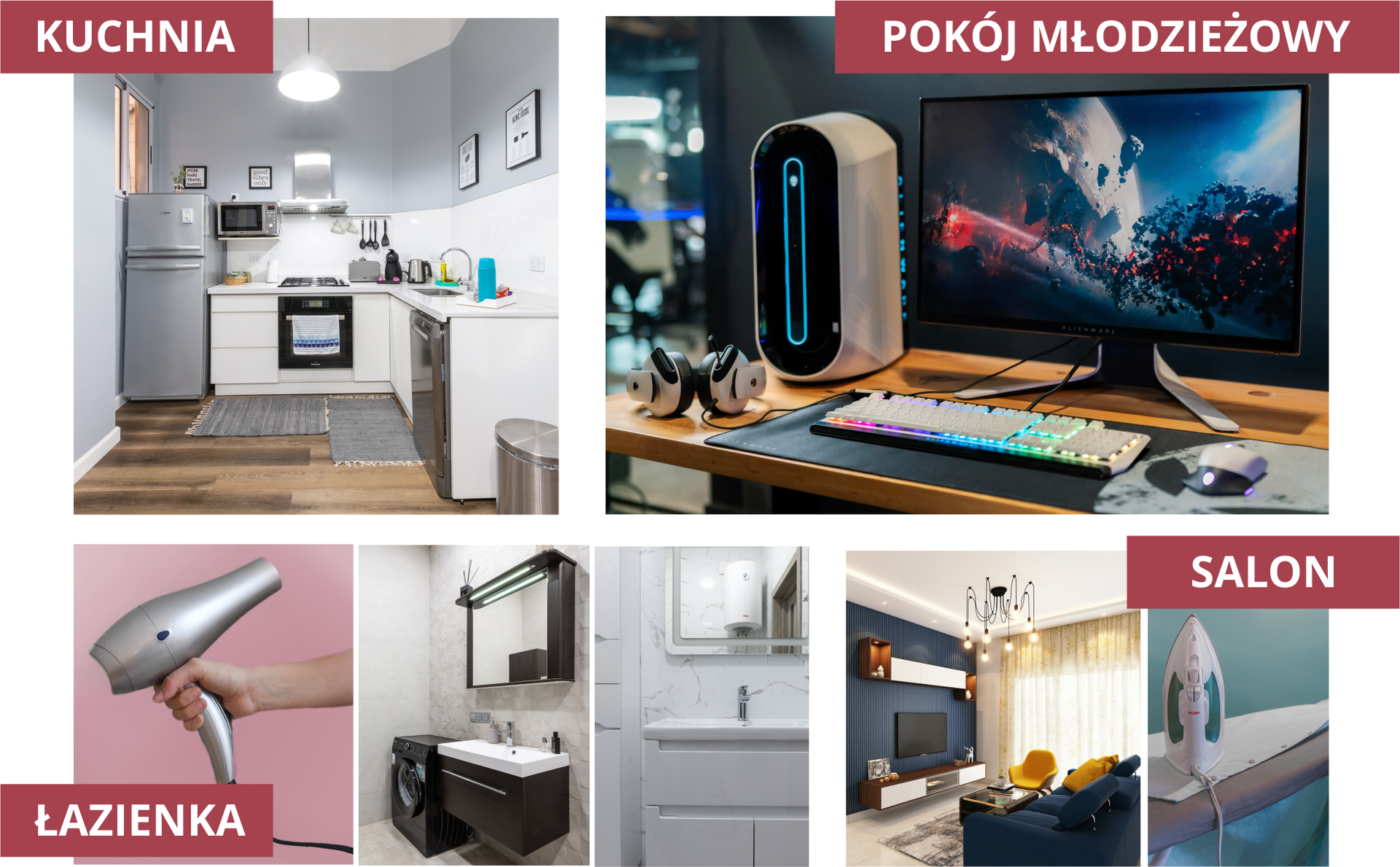 Na ilustracji widocznych jest siedem zdjęć. Jedno zdjęcie z kuchni, jedno z pokoju młodzieżowego, trzy z łazienki i dwa z salonu.