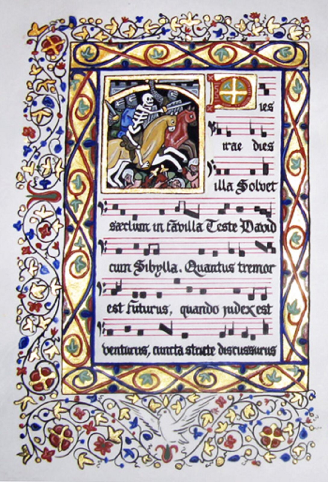Zapis nutowy sekwencji „Dies irae”. Kolorowa ilustracja pochodząca z chorałów gregoriańskich. Zawiera obrazek przedstawiający szkielet rycerza jadącego na koniu.
