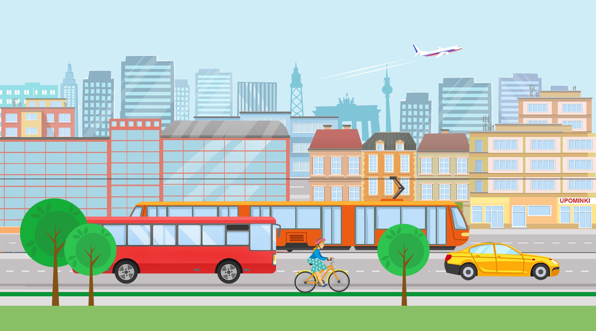 Na ilustracji znajduje się widok na ulicę z samochodami oraz budynki w tle.