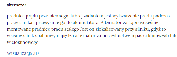 Widok pojęć w słowniku i linków przekierowujących do odpowiednich materiałów multimedialnych.