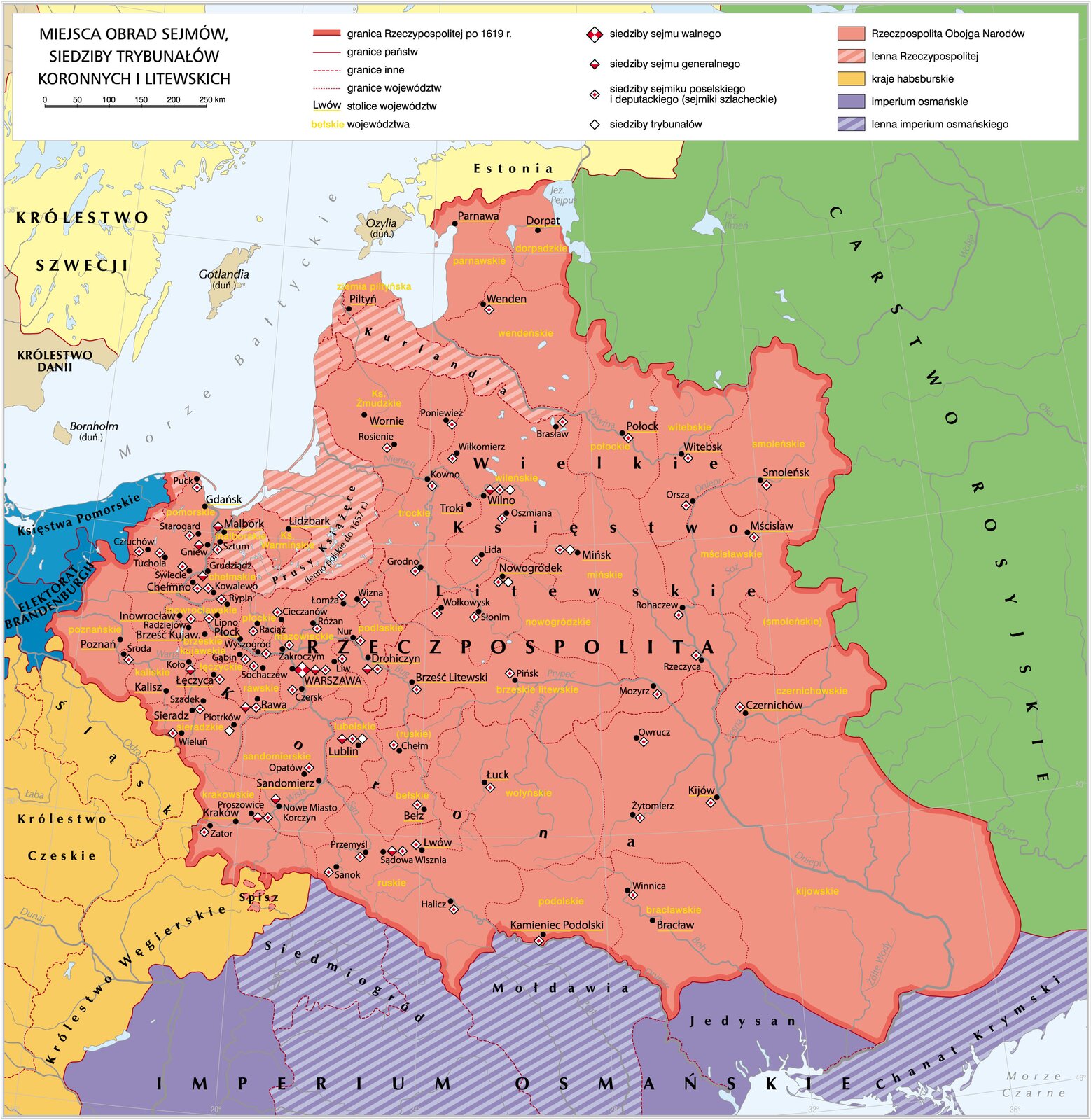 Mapa miejsc obrad sejmów, siedzib trybunałów koronnych i litewskich. Zawiera informacje, gdzie znajdowały się te siedziby. 