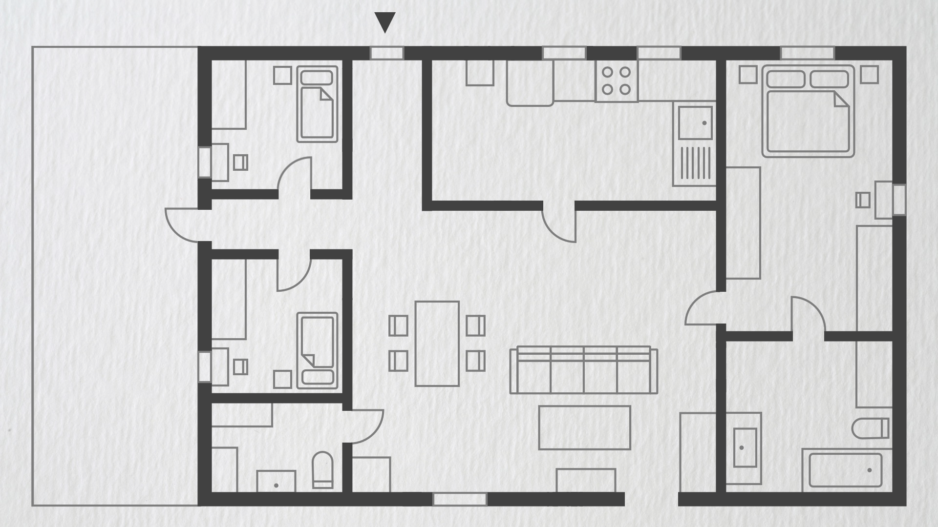 Grafika przedstawia plan mieszkania. Mieszkanie jest 4‑pokojowe z salonem, kuchnią, 3 sypialniami (jedna z łóżkiem małżeńskim i osobną łazienką) , łazienką, korytarzem i jednym dużym tarasem.