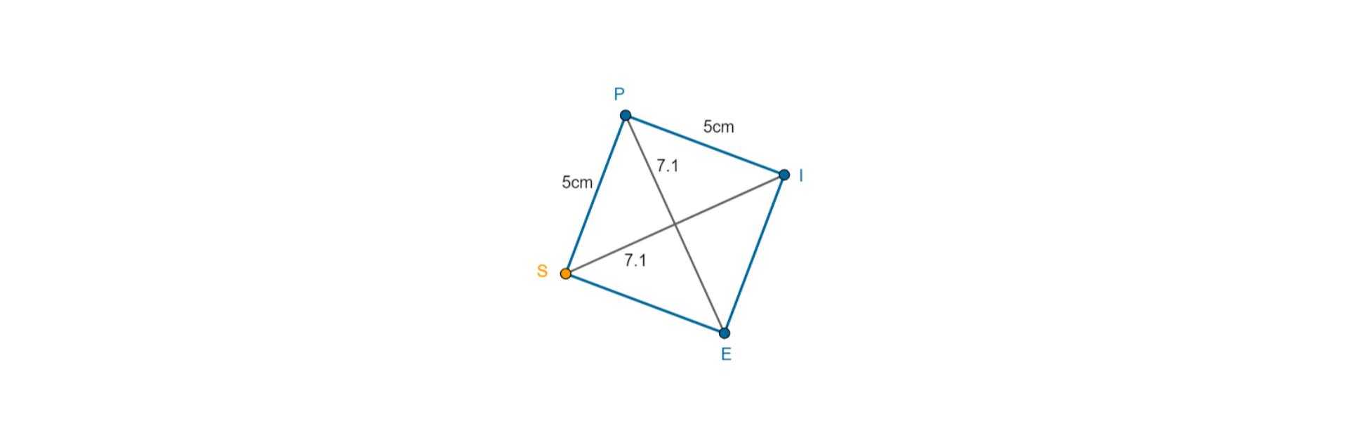 Rysunek rombu PIES o długości boku 5 cm i przekątnych długości 7,1 i 7,1.