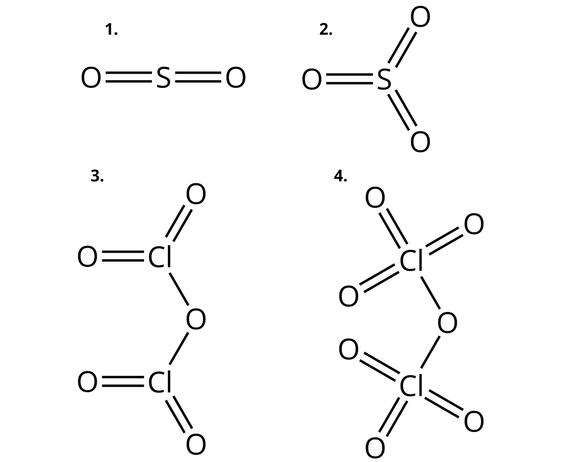 Ilustracja przedstawiająca wzory strukturalne tlenków.Tlenek siarki(<math aria‑label="cztery">IV) zbudowany z atomu siarki S połączonej z dwoma atomami tlenu O za pomocą wiązań podwójnych.Tlenek siarki(<math aria‑label="sześć">VI) zbudowany z atomu siarki S połączonej za pomocą wiązań podwójnych z trzema atomami tlenu O.Tlenek chloru(<math aria‑label="pięć">V) zbudowany z atomu tlenu O połączonego z dwoma atomami chloru Cl za pomocą wiązań pojedynczych, z których każdy łączy się z dwoma atomami tlenu O za pomocą wiązań podwójnych.Tlenek chloru(<math aria‑label="siedem">VII) zbudowany z atomu tlenu O połączonego z dwoma atomami chloru Cl, z których każdy związany jest za pomocą wiązań podwójnych z trzema atomami tlenu O.