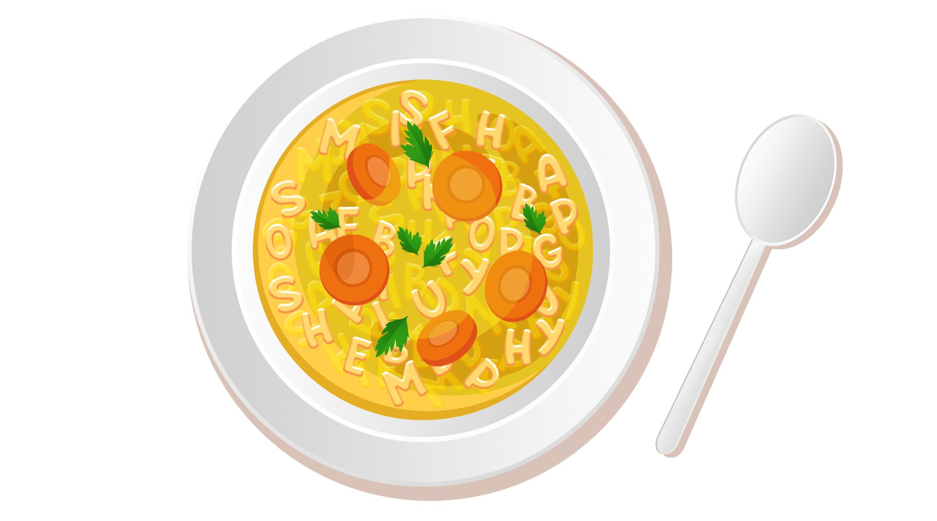 Ilustracja przedstawia zupę z makaronem w formie literek alfabetu