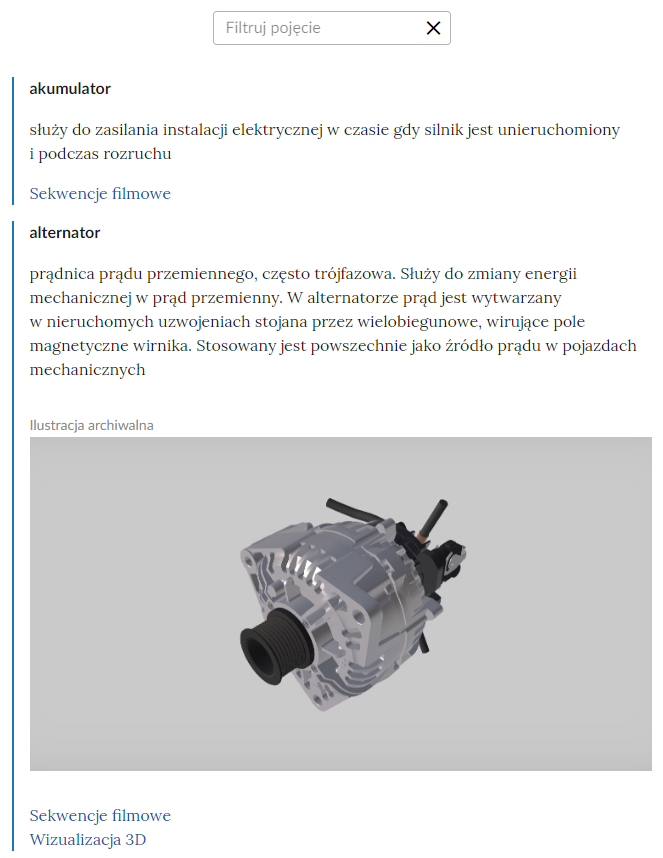 Widok na górną część słownika z polem do filtrowania pojęć słownika. Poniżej pola są hasła wraz z definicjami oraz zdjęcie pod jedną z definicji. 