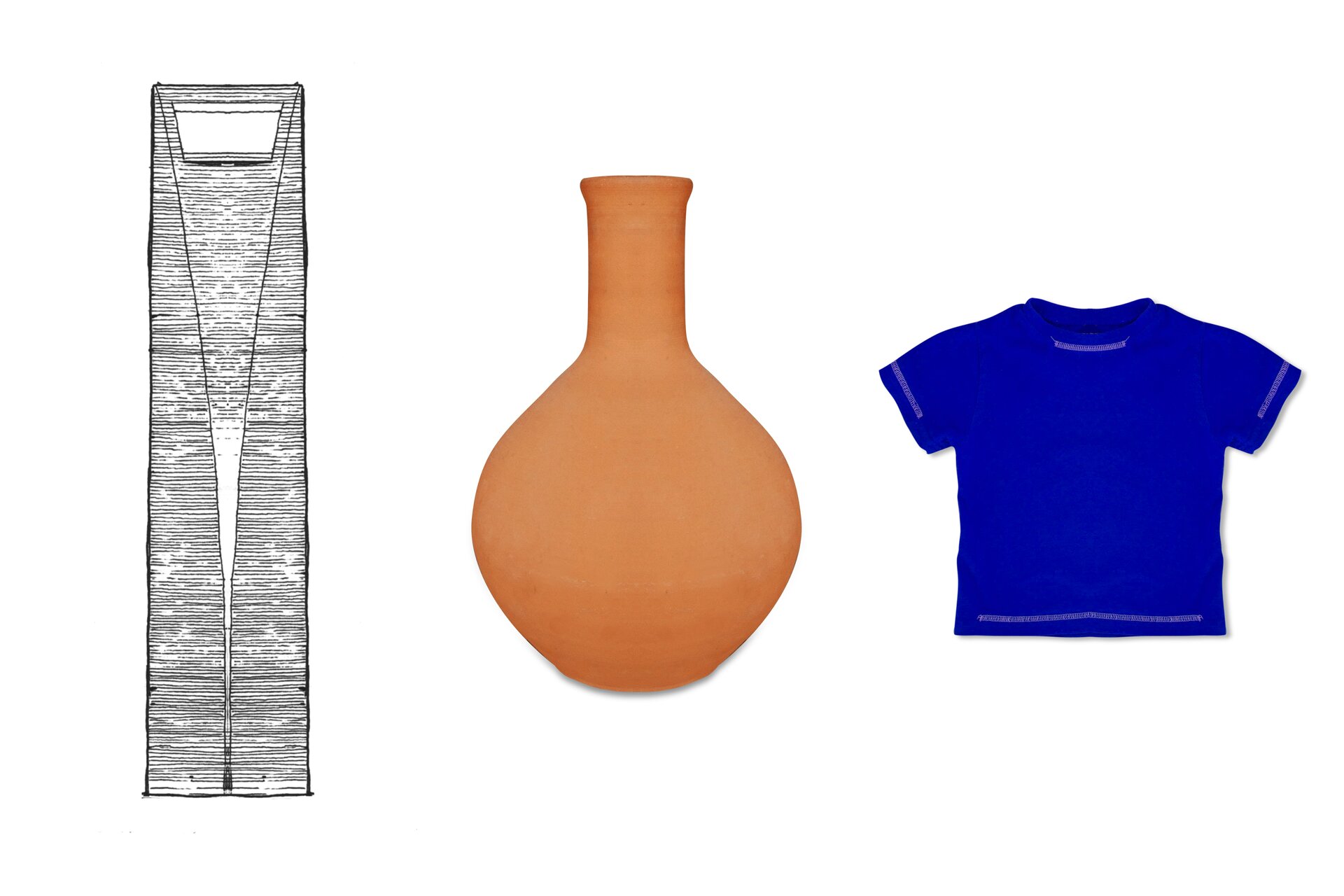 Rysunki wieży, wazonu i podkoszulka.