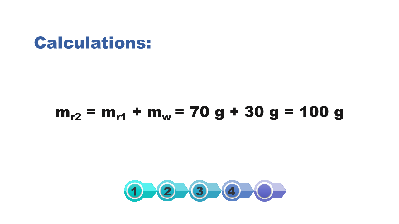 Ilustracja przedstawia dalsze kalkulacje. Mr2- masa drugiej substancji rozpuszczonej to suma Mr1- masy substancji 1 oraz Mw - masy wody. To oznacza, że 70 gramów dodajemy do 30 gramówi otrzymujemy wynik 100 gramów.
