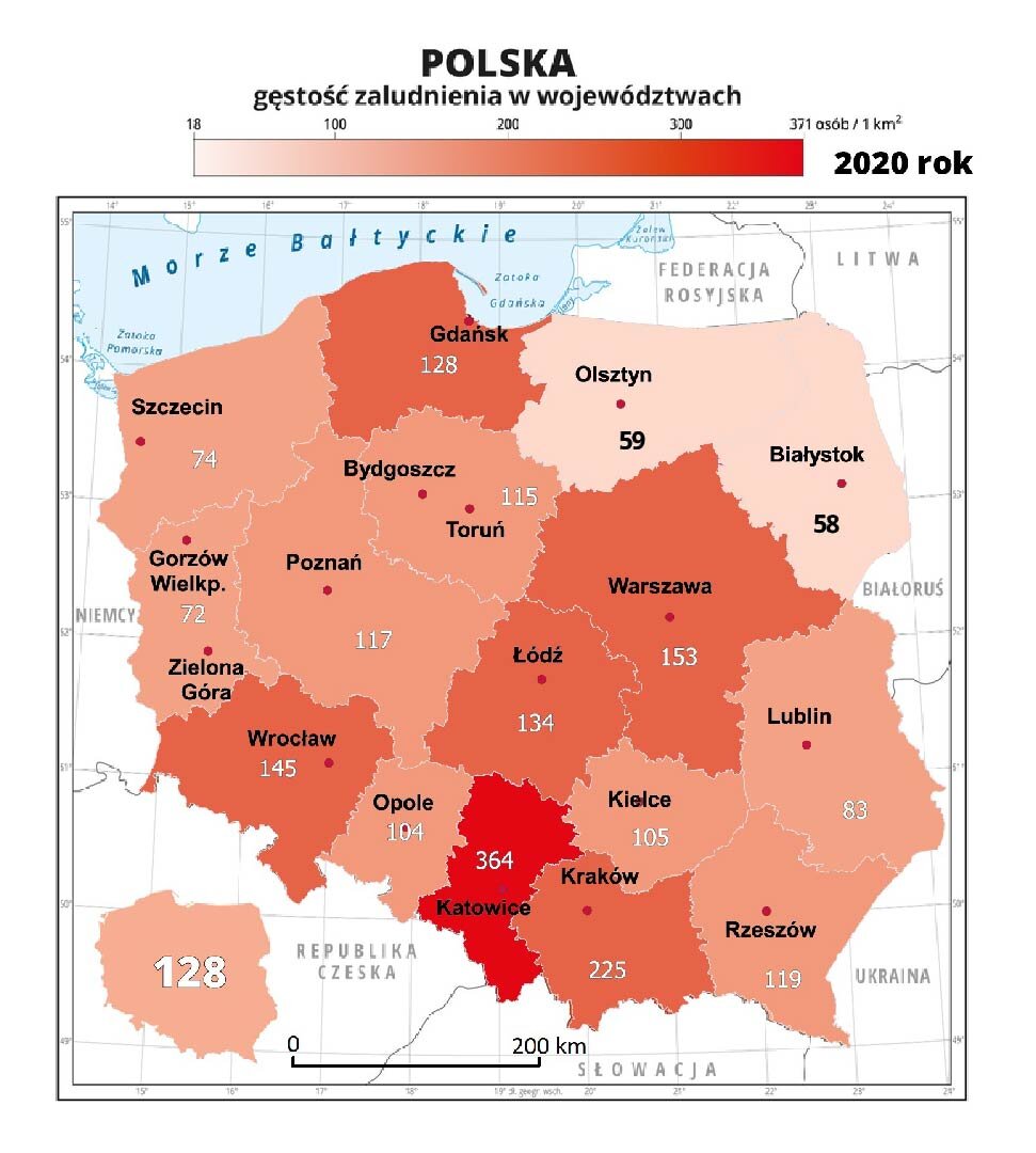 Mapa Polski obrazuje gęstość zaludnienia w poszczególnych województwach w dwa tysiące dwudziestym roku. Granice województw zaznaczone są białą linią. Czerwonymi kropkami zaznaczono miasta wojewódzkie. Odcieniami koloru pomarańczowego oznaczono liczbę mieszkańców na jeden kilometr kwadratowy według województw. Mapa pokryta jest równoleżnikami i południkami, które zostały opisane w ramce dookoła mapy co jeden stopień. W górnej części tytuł mapy: POLSKA gęstość zaludnienia w województwach. Poniżej prostokąt o różnych odcieniach koloru pomarańczowego i czerwonego. Nad nim liczby: osiemnaście, sto, dwieście, trzysta, trzysta siedemdziesiąt jeden osób na jeden kilometr kwadratowy. U dołu mapy pozioma podziałka, na której jeden odcinek to dwieście kilometrów. Największa gęstość zaludnienia jest w województwie śląskim (trzysta sześćdziesiąt cztery) i małopolskim (dwieście dwadzieścia pięć). Najniższa gęstość zaludnienia jest w województwie warmińsko‑mazurskim (pięćdziesiąt dziewięć) i podlaskim (pięćdziesiąt osiem). W pozostałych województwach kształtuje się to następująco: mazowieckie - sto pięćdziesiąt trzy, dolnośląskie - sto czterdzieści pięć, łódzkie - sto trzydzieści cztery, pomorskie - sto dwadzieścia osiem, wielkopolskie - sto siedemnaście, podkarpackie – sto dziewiętnaście, kujawsko‑pomorskie - sto piętnaście, świętokrzyskie - sto pięć, opolskie - sto cztery, lubelskie - osiemdziesiąt trzy, zachodniopomorskie - siedemdziesiąt cztery, lubuskie - siedemdziesiąt dwa. Podano również średnią wartość gęstości zaludnienia dla Polski - sto dwadzieścia osiem.