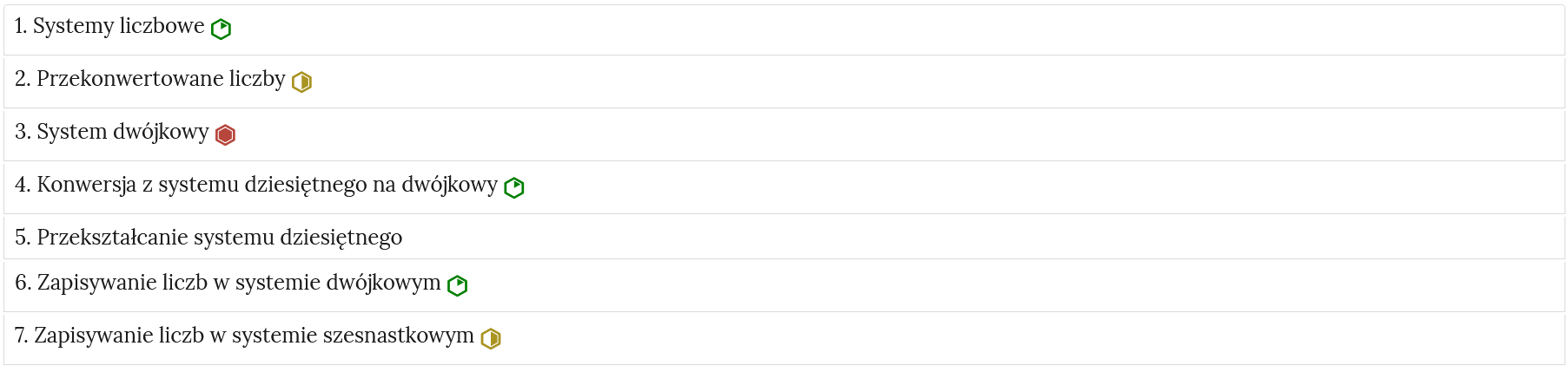Ilustracja przedstawia przykładowy wygląd zakładek zawierających interaktywne materiały sprawdzające. Każde ćwiczenie, po prawej stronie od tytułu, posiada znaczek określający poziom trudności.