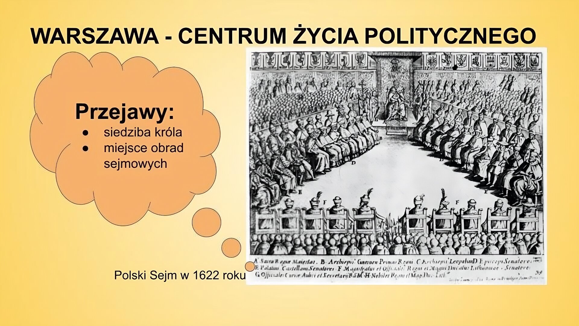 Slajd przedstawia rycinę, na której pokazano wspólne obrady izby poselskiej i senatu w obecności króla. Władca siedzi na tronie w reprezentacyjnym stroju w centralnej części obrazu. Otaczają go siedzący na krzesłach posłowie i senatorowie w strojach szlacheckich. Zajmują miejsca w kilku rzędach, z trzech stron. Za królem jest ściana, na niej u góry herby. Tytuł slajdu: Warszawa - centrum życia politycznego. Podpis: Polski Sejm w 1622 roku. Z lewej dymek z napisem: Przejawy: siedziba króla, miejsce obrad sejmowych.
