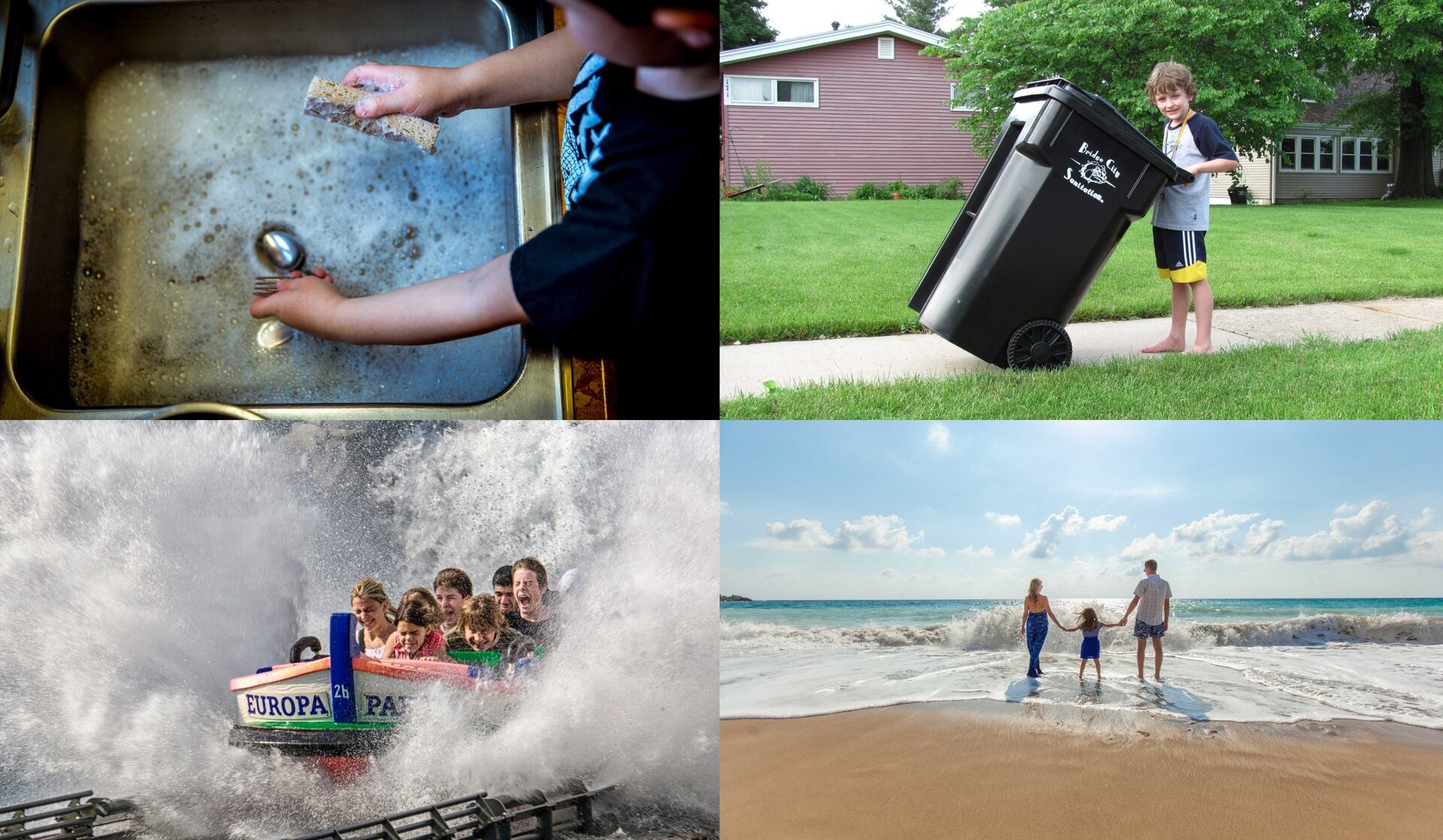 Ilustracja przedstawia cztery zdjęcia. Na pierwszym zdjęciu widoczny jest zlew z brudnymi naczyniami. Dziecko myje sztućce. Drugie zdjęcie przedstawia chłopca, który trzyma duży kubeł na śmieci. Trzecie to grupa dzieci na łódce. Dookoła widoczna jest rozpryśnięta woda. Ostatnie zdjęcie ukazuje trzyosobową rodzinę na plaży.