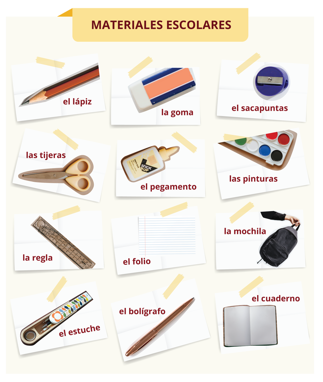 Grafika przedstawia zdjęcia przyborów szkolnych z podpisami. Nagłówek:  Materiales escolares. Poniżej: ołówek -  el lápiz, gumka -  la goma, temperówka -  el sacapuntas, nożyczki -  las tijeras, klej -  el pegamento, farby -  las pinturas, linijka -  la regla, kartka -  el folio, plecak -  la mochila, piórnik -  el estuche, długopis -  el bolígrafo, zeszyt -  el cuaderno.