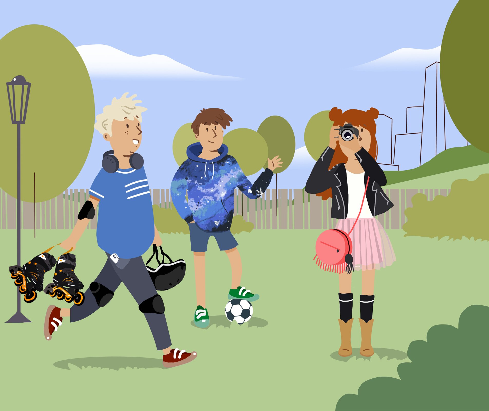 Ilustracja ukazuje grupę młodych ludzi, dziewczynę i dwóch chłopców.  Dziewczyna robi zdjęcie, jeden z chłopców trzyma piłkę do gry w nogę pod stopą. Drugi chłopiec niesie rolki i kask.