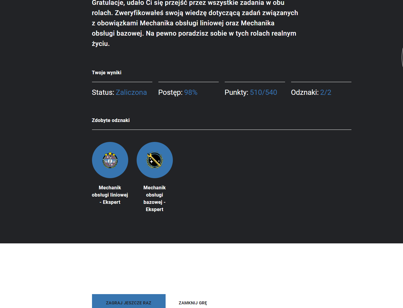 Podsumowanie dokonań w grze