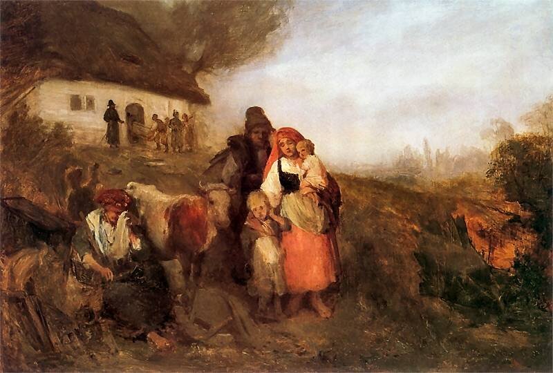 Obraz przedstawia scenę rodzajową. Na pierwszym planie widać chłopską rodzinę. Jest tu kobieta z dwójką dzieci, mężczyzna i starsza kobieta. Obok nich stoi wychudzona krowa. Chłopi są zrozpaczeni, ponieważ zostali wygnani z chałupy. Na drugim planie widać zarządce wprowadzającego do ich chałupy nowych mieszkańców.