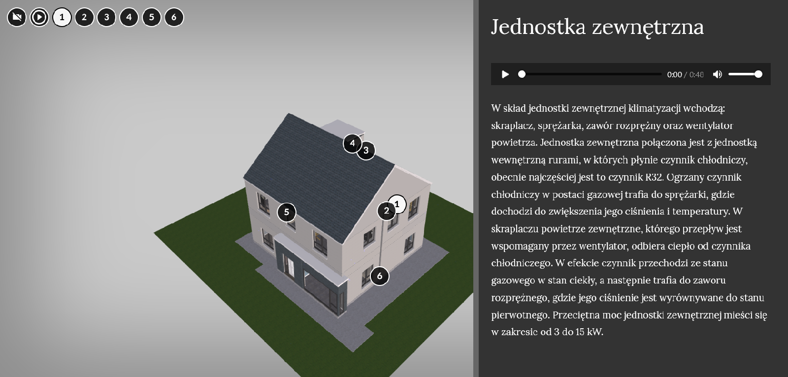 Ilustracja przedstawia widok na wizualizację z wysuniętym panelem bocznym z informacjami. Po lewej stronie znajduje się model. Jeden znacznik na modelu jest zaznaczony. Po prawej stronie znajduje się panel boczny. Na panelu znajduje się pasek odtwarzania oraz opis danego, zaznaczonego na modelu, elementu.