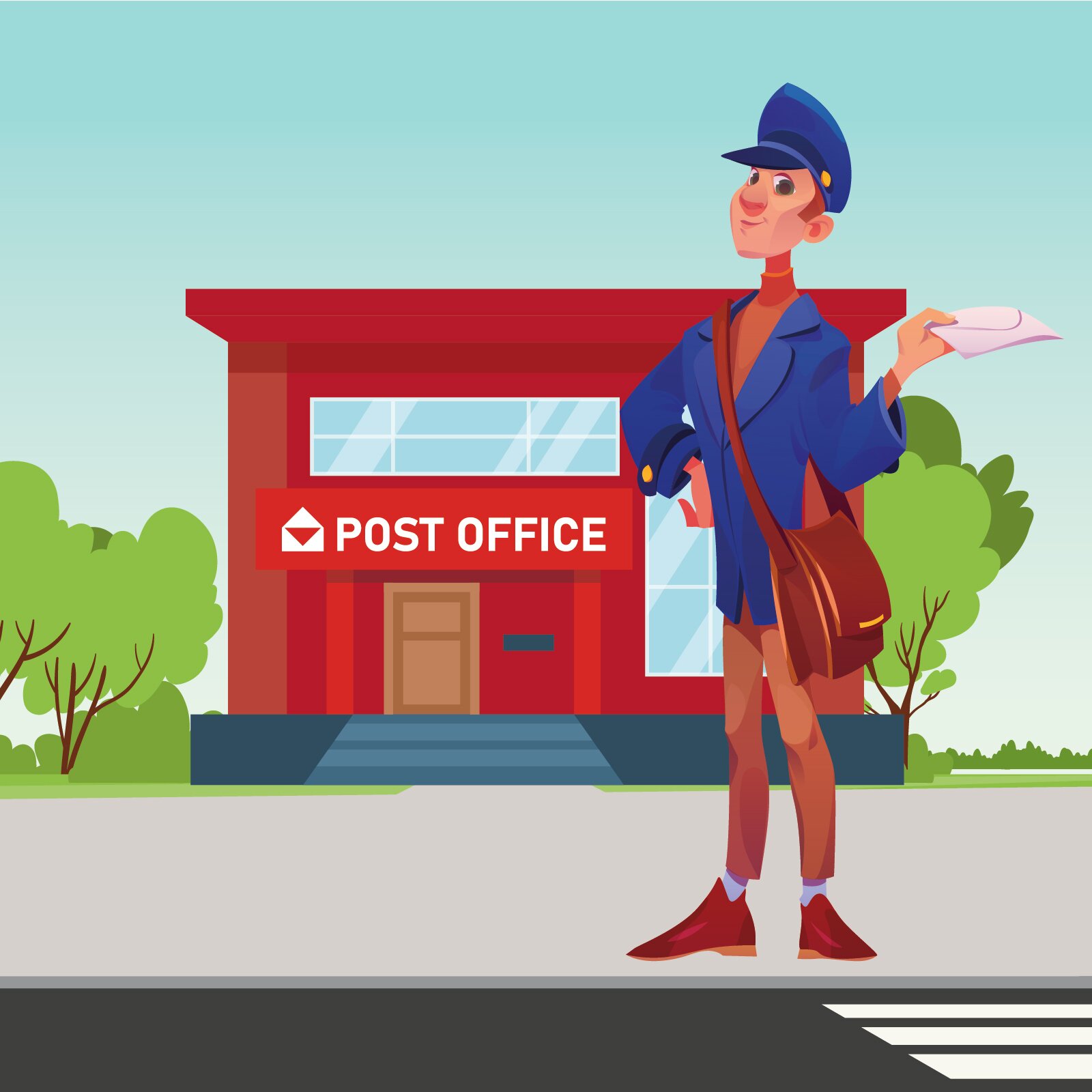 Ilustracja przedstawia listonosza w niebieskim mundurku oraz niebieskiej czapce. W lewej dłoni trzyma list. Przez ramię przewieszoną ma brązową torbę na listy. Listonosz stoi przy przejściu dla pieszych. Za listonoszem stoi czerwony budynek pocztowy, z ikoną listu oraz banerem: Post office.