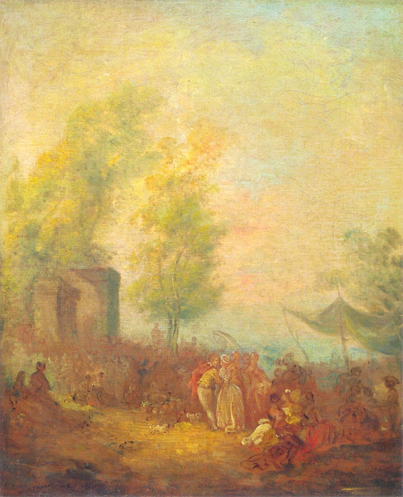 Obraz przedstawia ludzi w parku. Jedni siedzą na trawie, inni stoją lub leżą. W tle drzewa. Obraz ukazuje ich z pewnej odległości, zdaje się być nieostry. Dominują barwy żółte i ciemnopomarańczowe. 