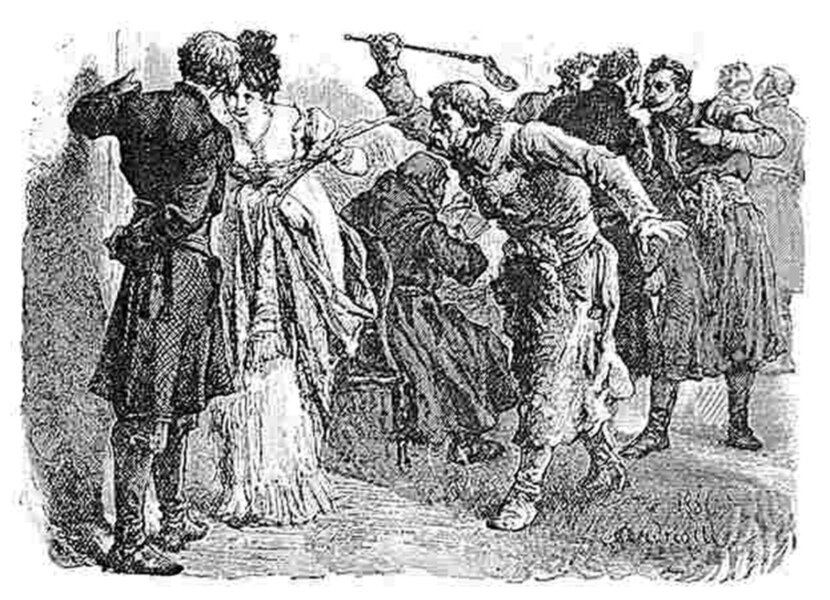 Ilustracja przedstawia grupę osób. Po lewej stronie ukazana jest kobieta w sile wieku rozmawiająca z mężczyzną. Dama ma okrągłą twarz. Jej brwi są cienkie, oczy i nos małe. Ma ciemne loki upięte na czubku głowy. Pochyla ją i patrzy na rozmówcę. Jest ubrana w długą suknię z falbanami. W lewej dłoni trzyma wachlarz. Jej interlokutor jest ustawiony tyłem do nas. Ma krótkie, ciemne włosy. Lewą rękę opiera o ścianę, a prawą zakłada na plecy. Za plecami kobiety czai się dojrzały mężczyzna. Ma rzadkie włosy i sumiaste wąsy. Na jego twarzy maluje się zacięcie. W prawej dłoni trzyma łapkę na muchy. Celuje nią w ścianę. Za nim stoją inni mężczyźni ubrani w kontusze. Rozmawiają.