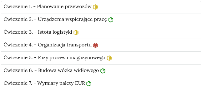 Zrzut ekranu przedstawia przykładowy wygląd zakładek z interaktywnymi materiałami sprawdzającymi. Widoczne jest siedem zakładek z ćwiczeniami, na każdej zakładce jest numer ćwiczenia i jego tytuł. Po tytule widać symbol poziomu trudności danego ćwiczenia.