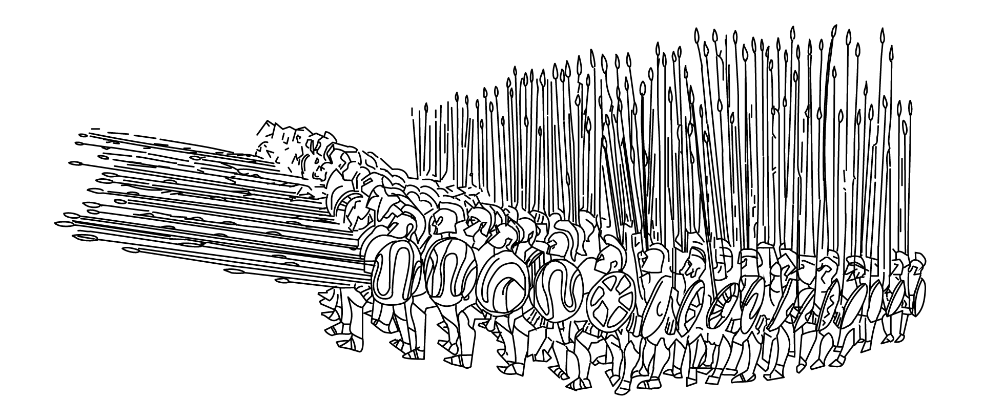 Ilustracja przedstawia falangę macedońską. Łącznie jest to szesnaście rzędów hoplitów z czego pierwsze rzędy mają pochylone długie włócznie. Dalsze rzędy trzymają je wyprostowane. 