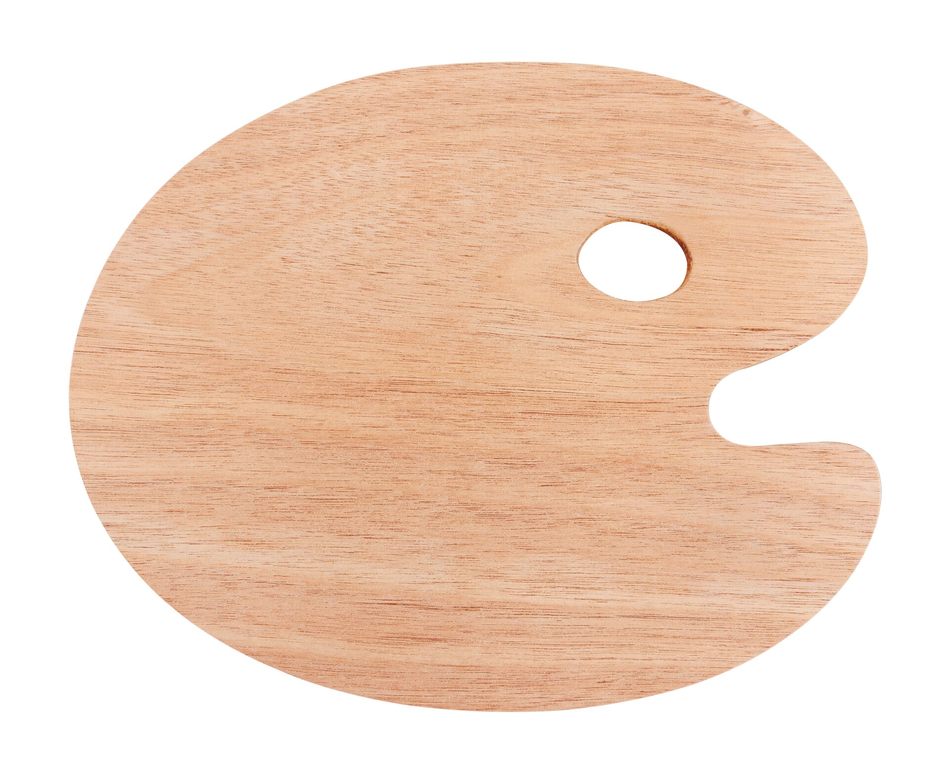 Fotografia przedstawia widok na współczesną, masowo produkowaną drewnianą paletkę malarską. Ma ona kształt owalu z dwoma wcięciami z prawej strony. Jedno wcięcie znajduje się w środku paletki, tworząc "dziurę" w jej strukturze, a drugie na prawej bocznej ściance, sprawiając, że paleta nie jest idealnie owalna.